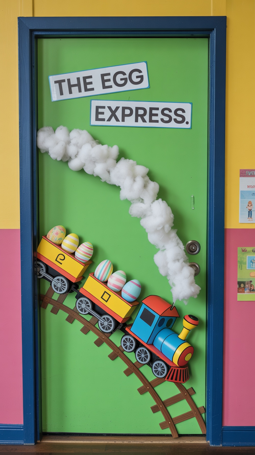 Colorful classroom door decoration featuring a train and decorated eggs for Easter.