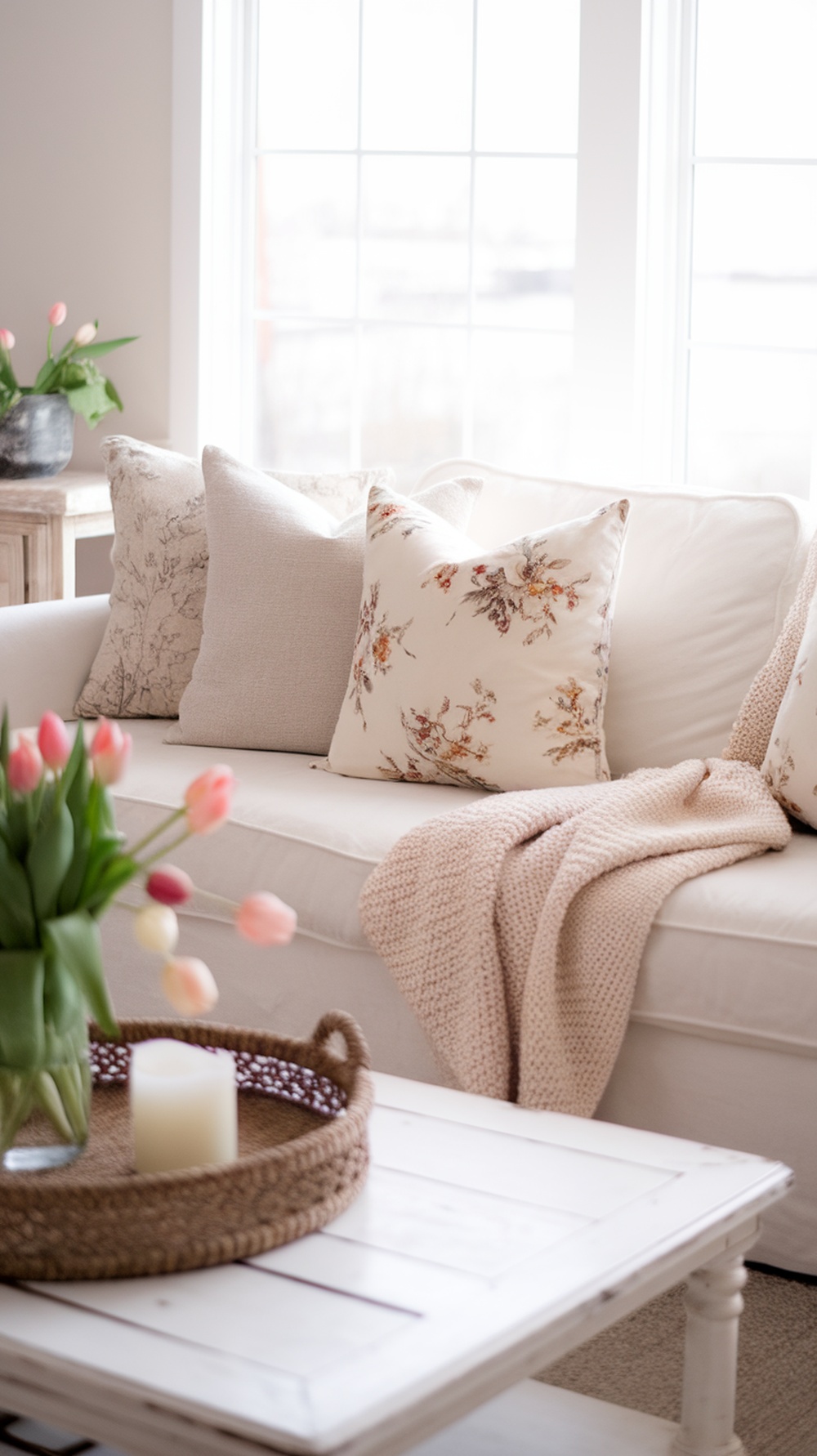 Cozy spring living room setup with floral pillows, a knitted throw, and a vase of tulips.
