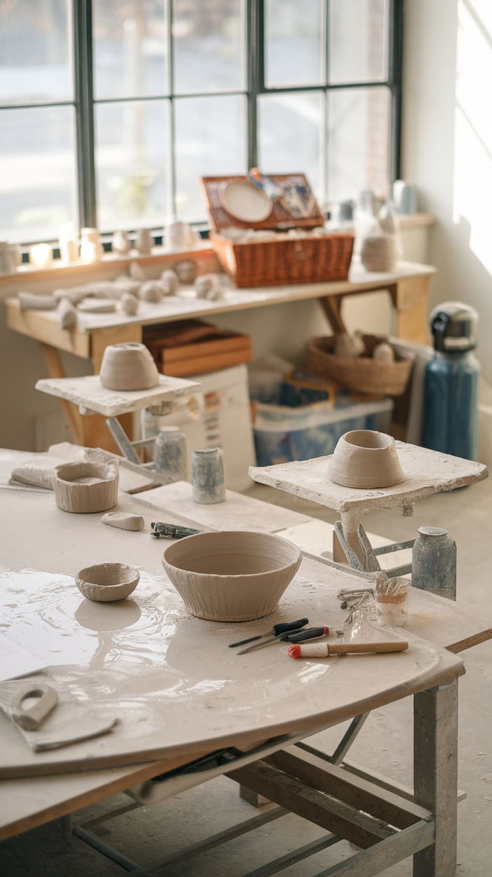 A pottery studio with a table set for two, featuring clay, tools, and a picnic basket.