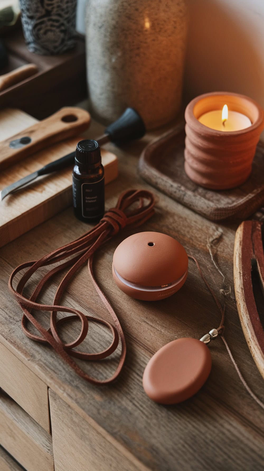 A cozy setup for making clay diffuser pendants, featuring clay, essential oils, tools, and a candle.