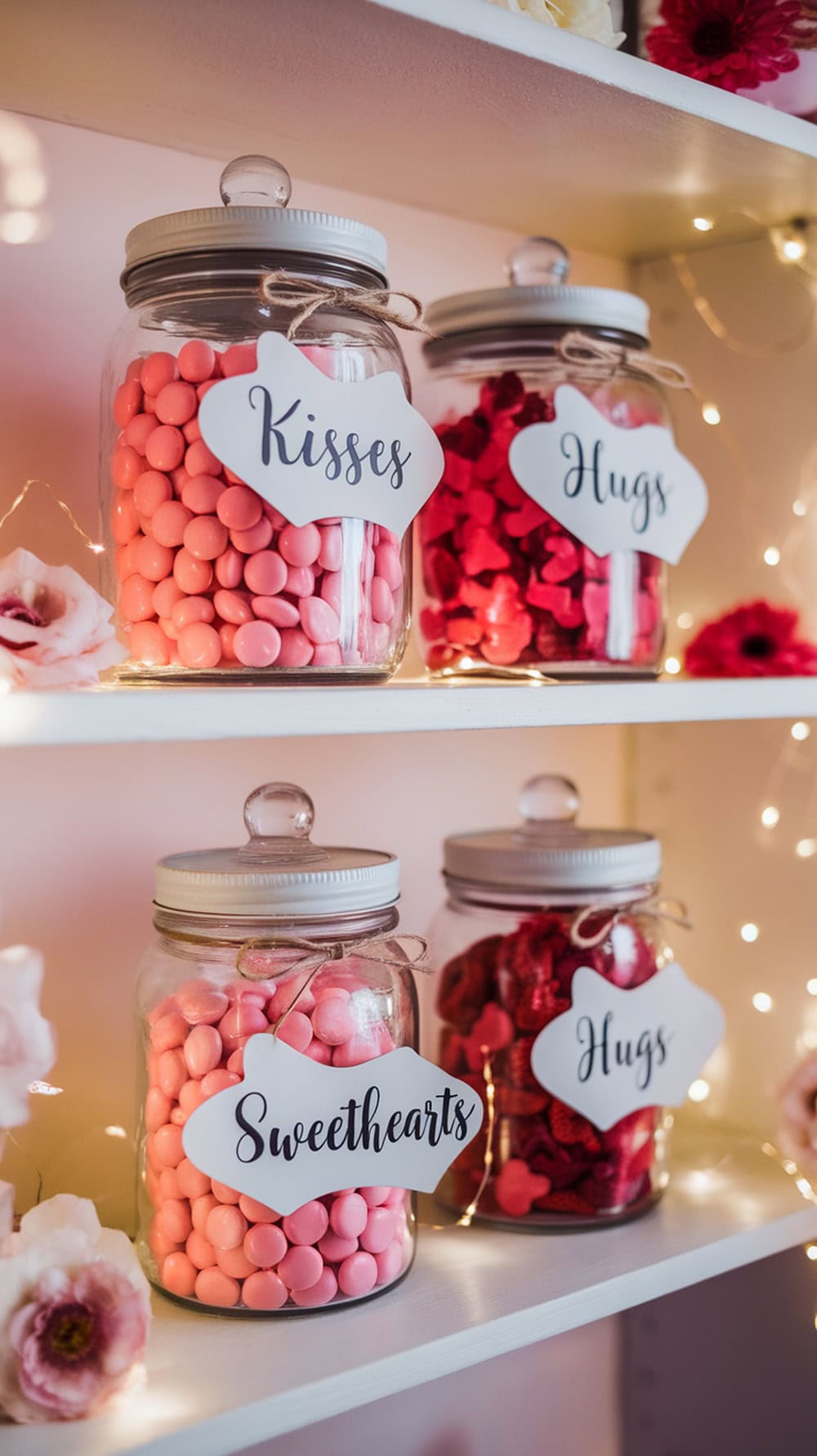 A display of jars filled with pink and red candies, labeled 'Kisses,' 'Hugs,' and 'Sweethearts,' set against a soft backdrop with flowers and fairy lights.
