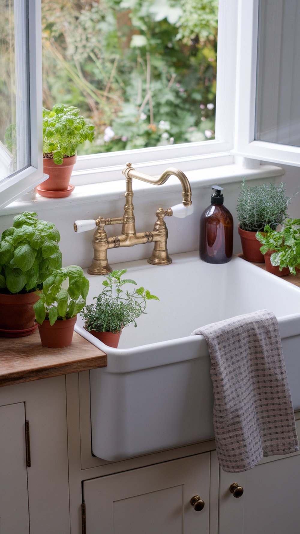 A kitchen sink styled with fresh herbs in terracotta pots, featuring a brass faucet and a dish towel.