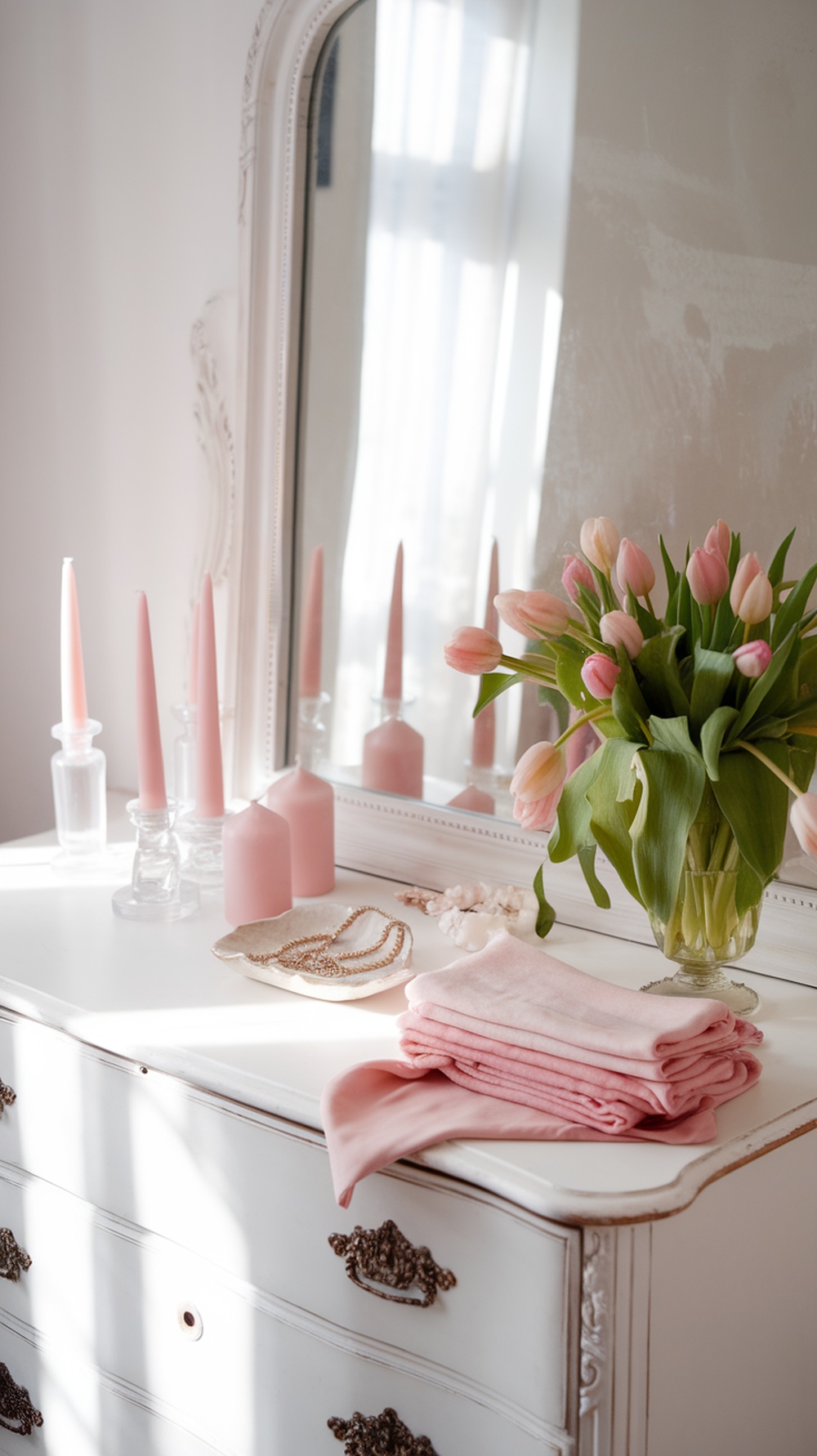 A beautifully decorated bedroom dresser with pink tulips, candles, and folded towels.