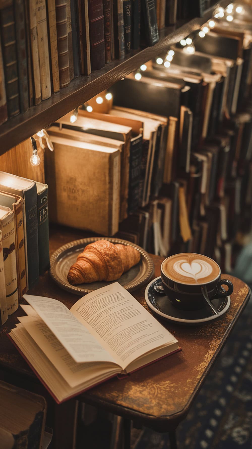 A cozy bookstore café scene with a cup of coffee, a croissant, and an open book on a table surrounded by bookshelves.