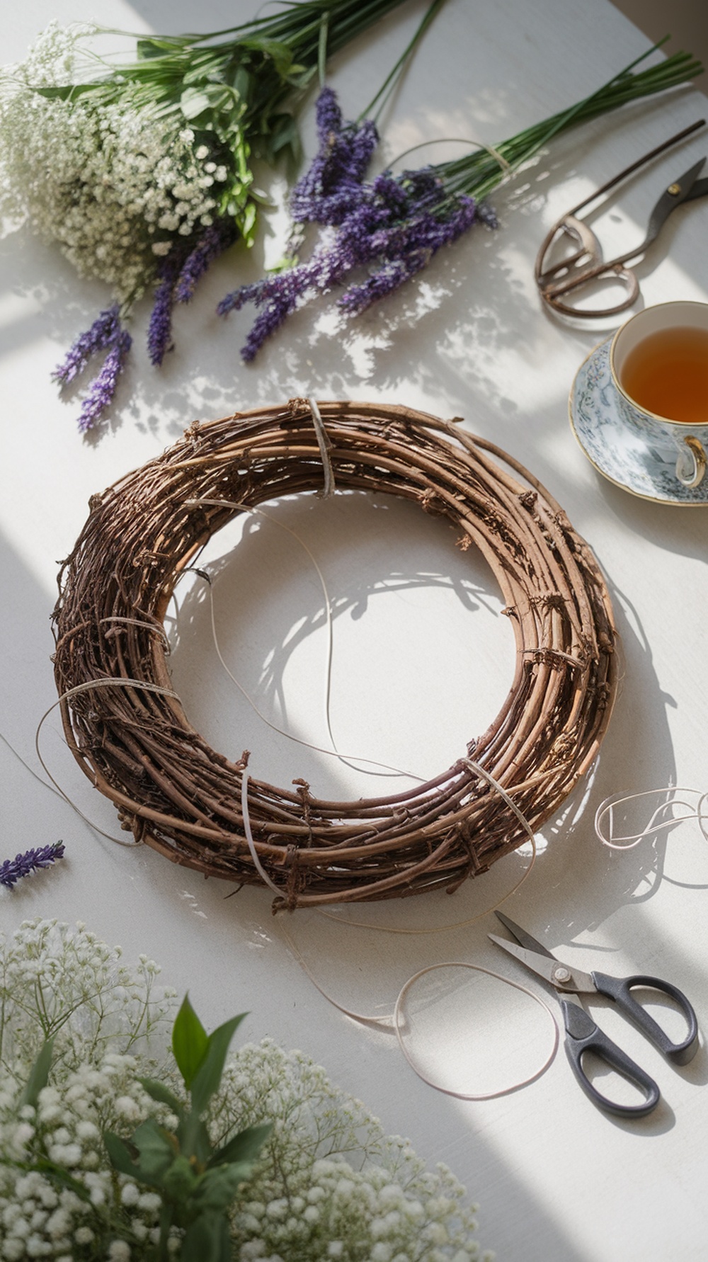 A crafting setup for making a floral wreath, featuring a twig wreath base, lavender, baby’s breath, scissors, and a cup of tea.