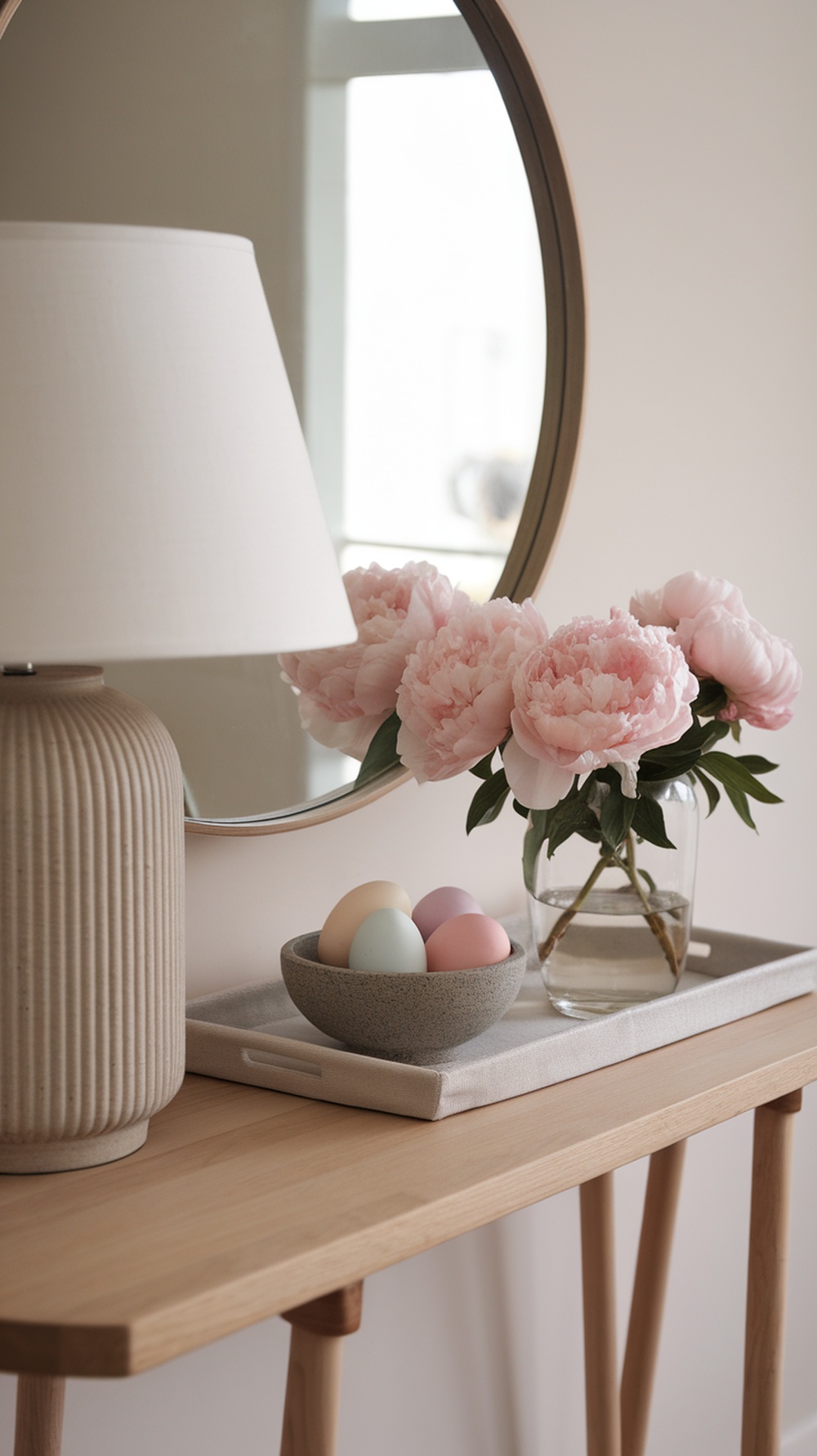A modern console table with a lamp, pink peonies in a vase, and pastel-colored eggs in a bowl.