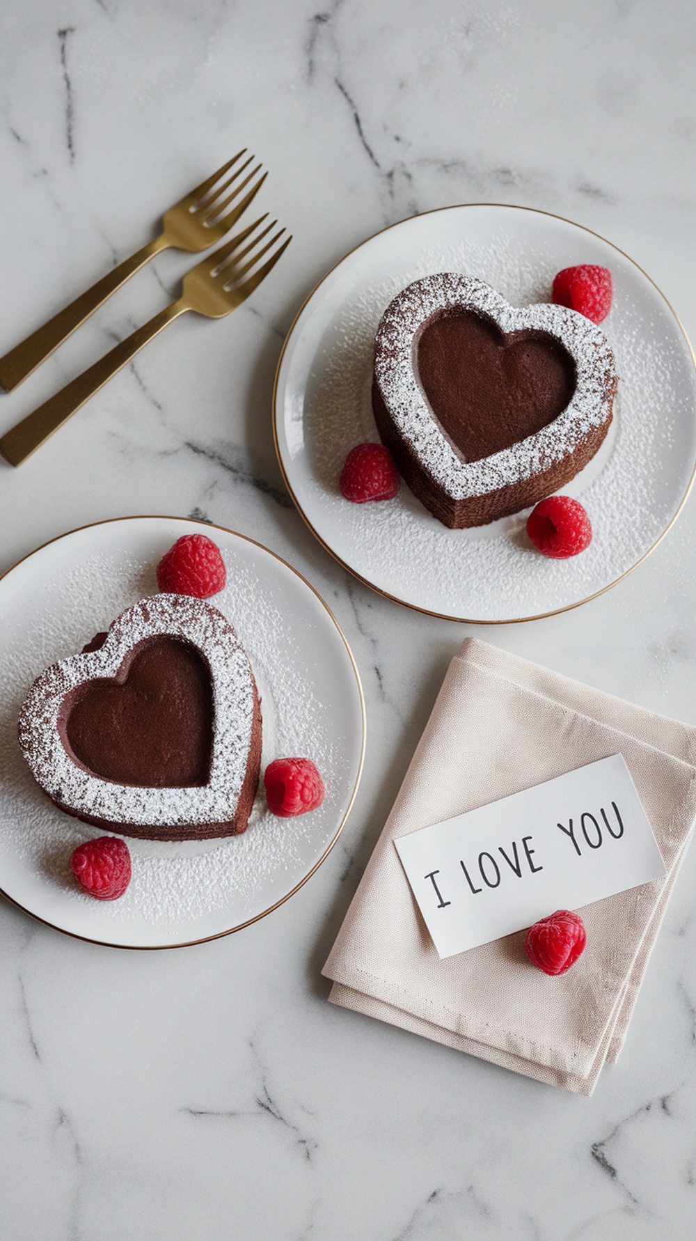 Heart-shaped chocolate cake with raspberries and powdered sugar on a marble table