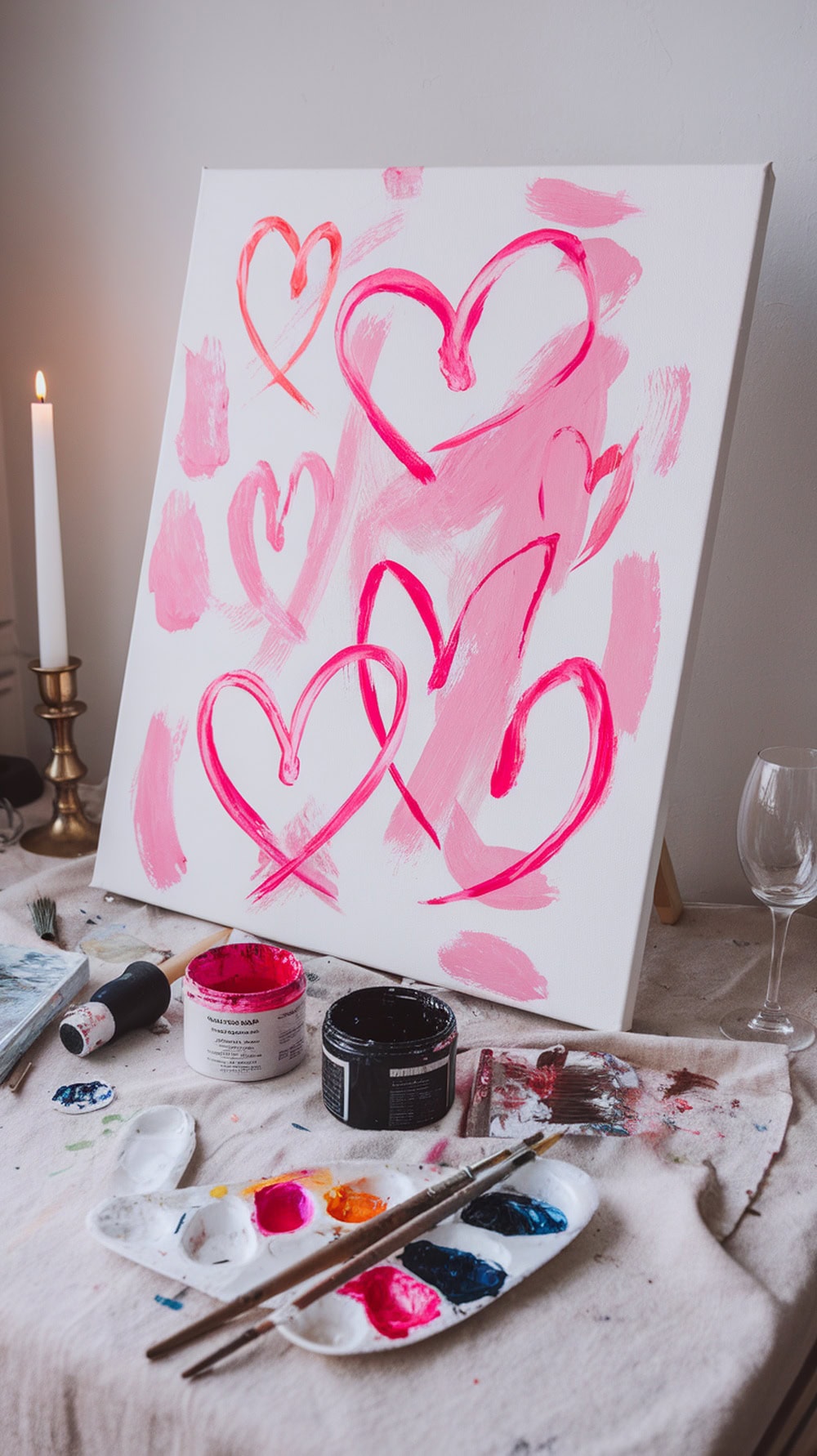 A canvas with pink heart shapes and painting supplies on a table