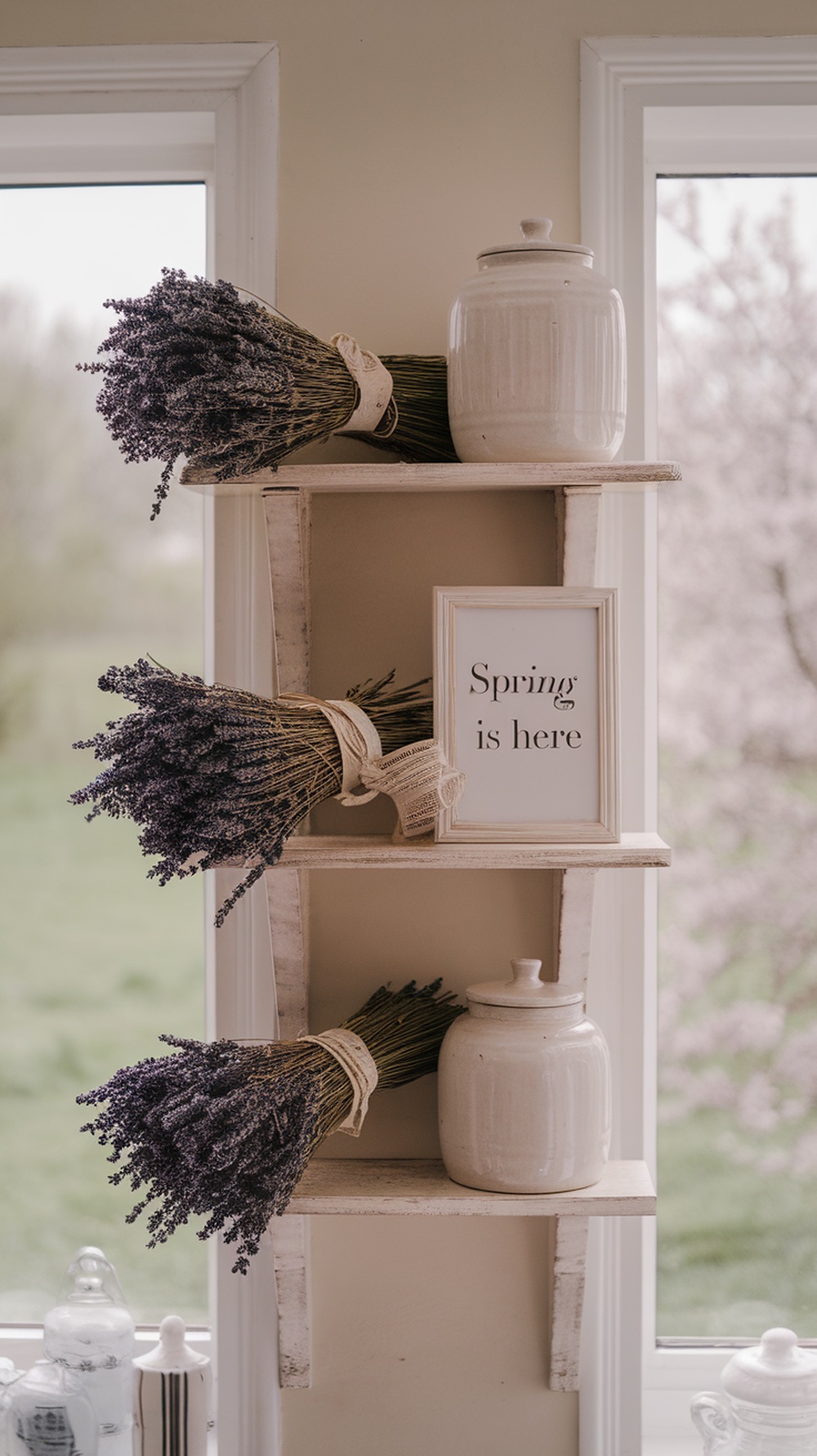 A shelf styled with bundles of dried lavender, white ceramic vases, and a framed quote.