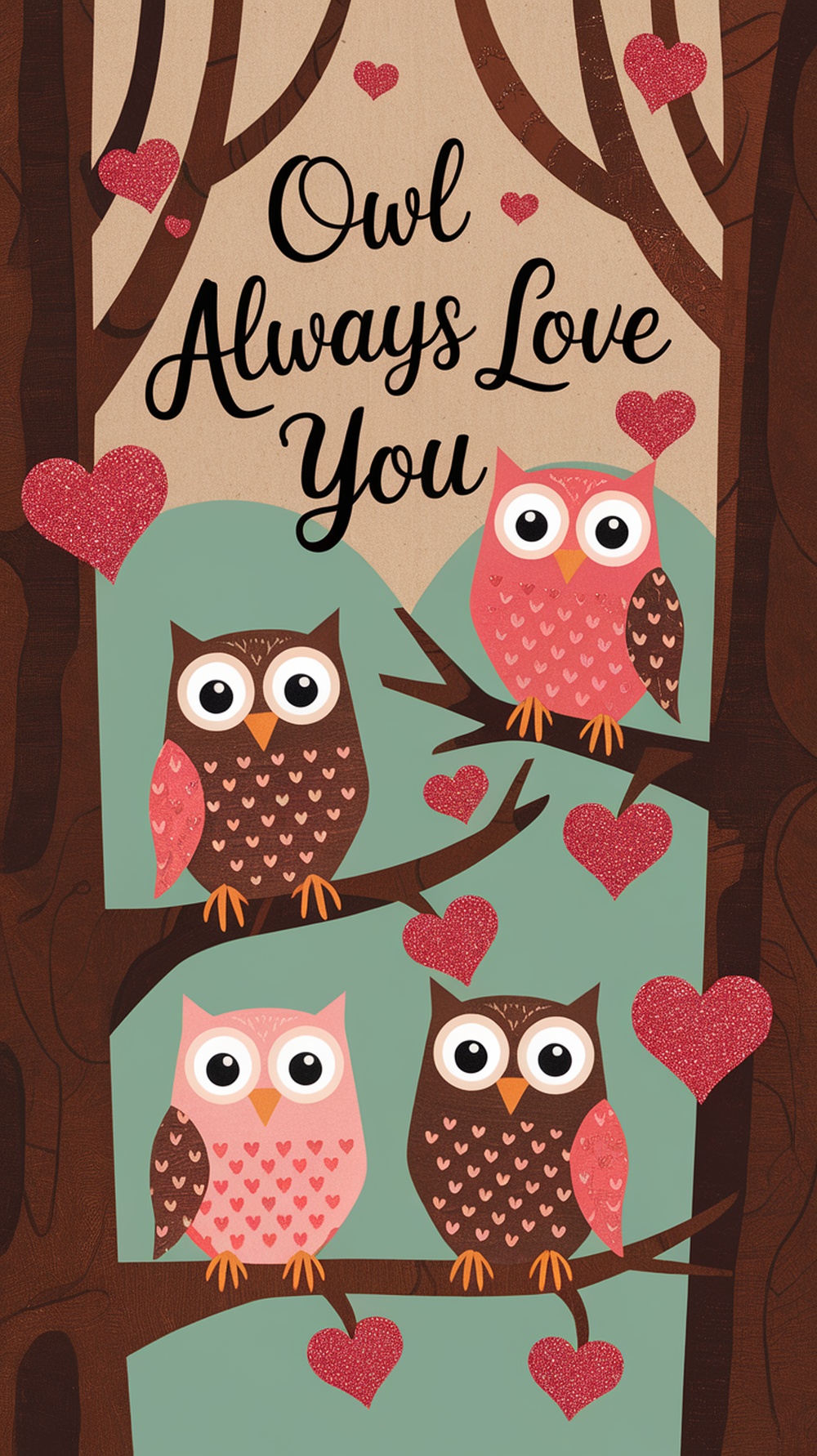 A colorful door decoration featuring owls and hearts with the text 'Owl Always Love You'.