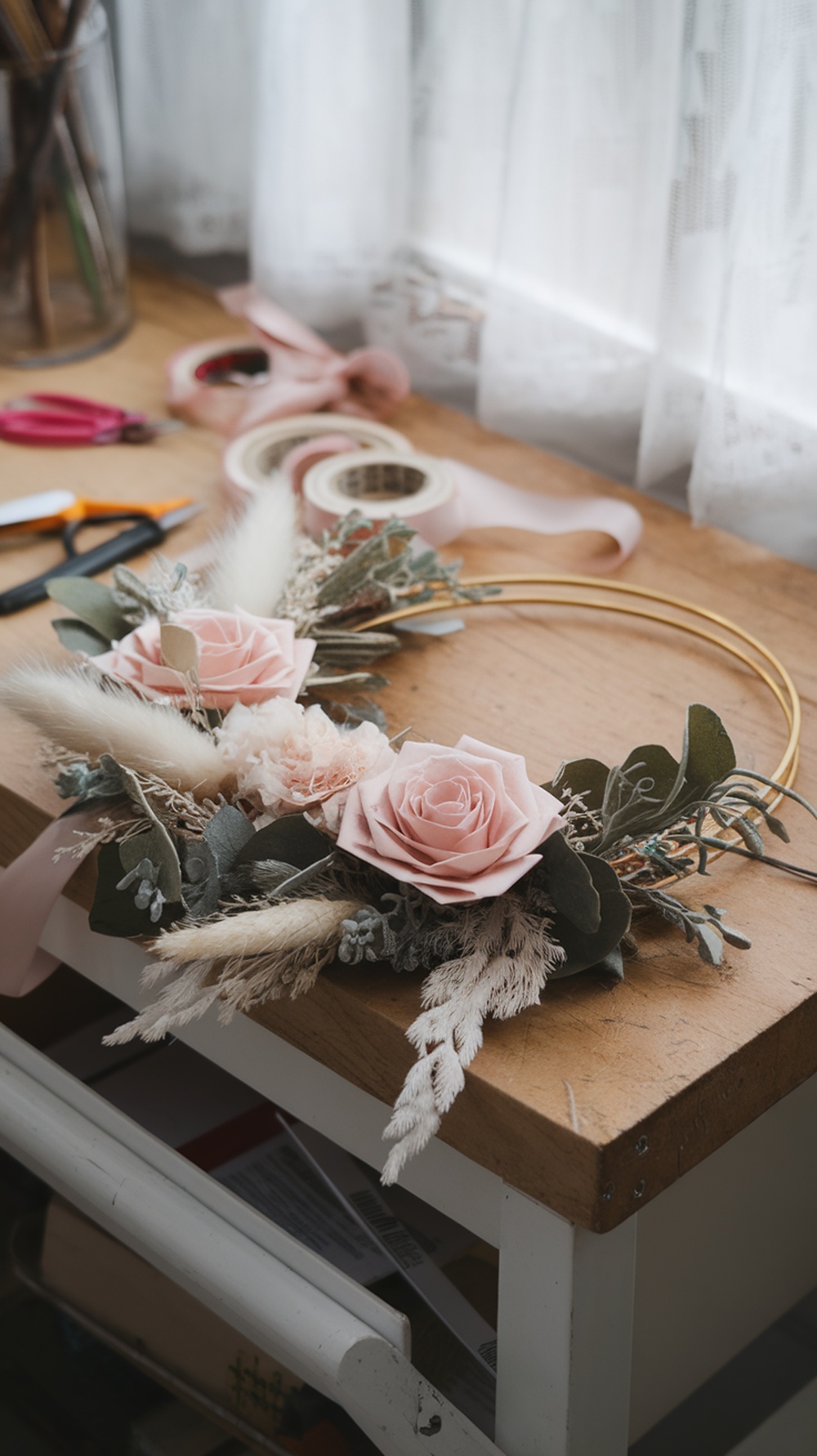 A modern spring wreath with pink roses and pampas grass on a wooden table, surrounded by crafting supplies.