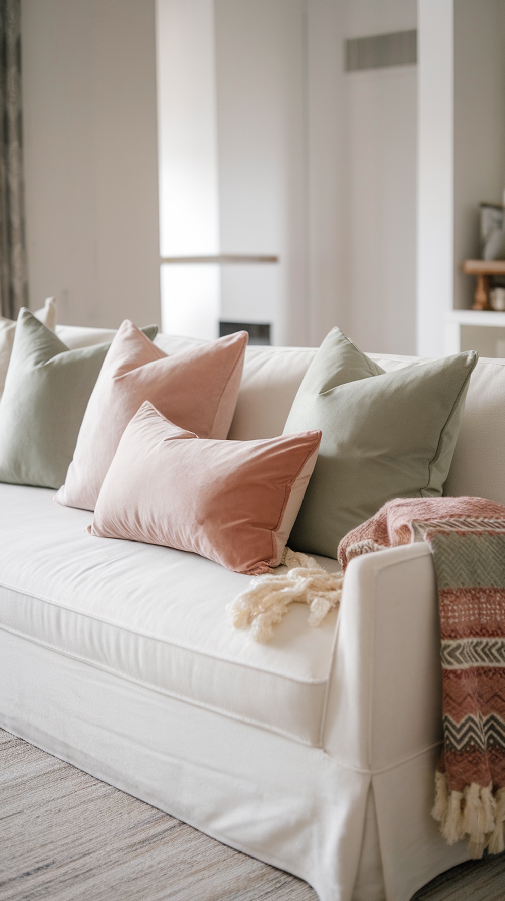 A cozy sofa with textured pillows in soft colors, featuring a light green and blush pink palette.