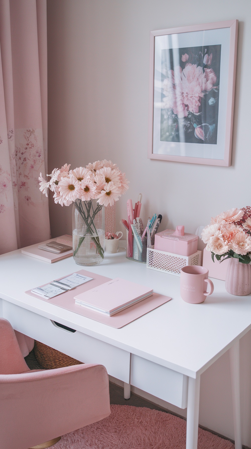 A pastel-themed desk setup featuring pink flowers, stationery, and a cozy chair.