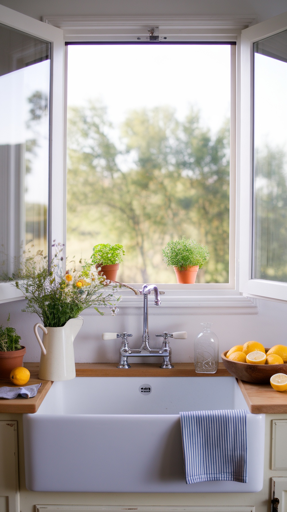 A bright kitchen sink with a view of greenery outside, featuring potted herbs, wildflowers, and a bowl of citrus fruits.