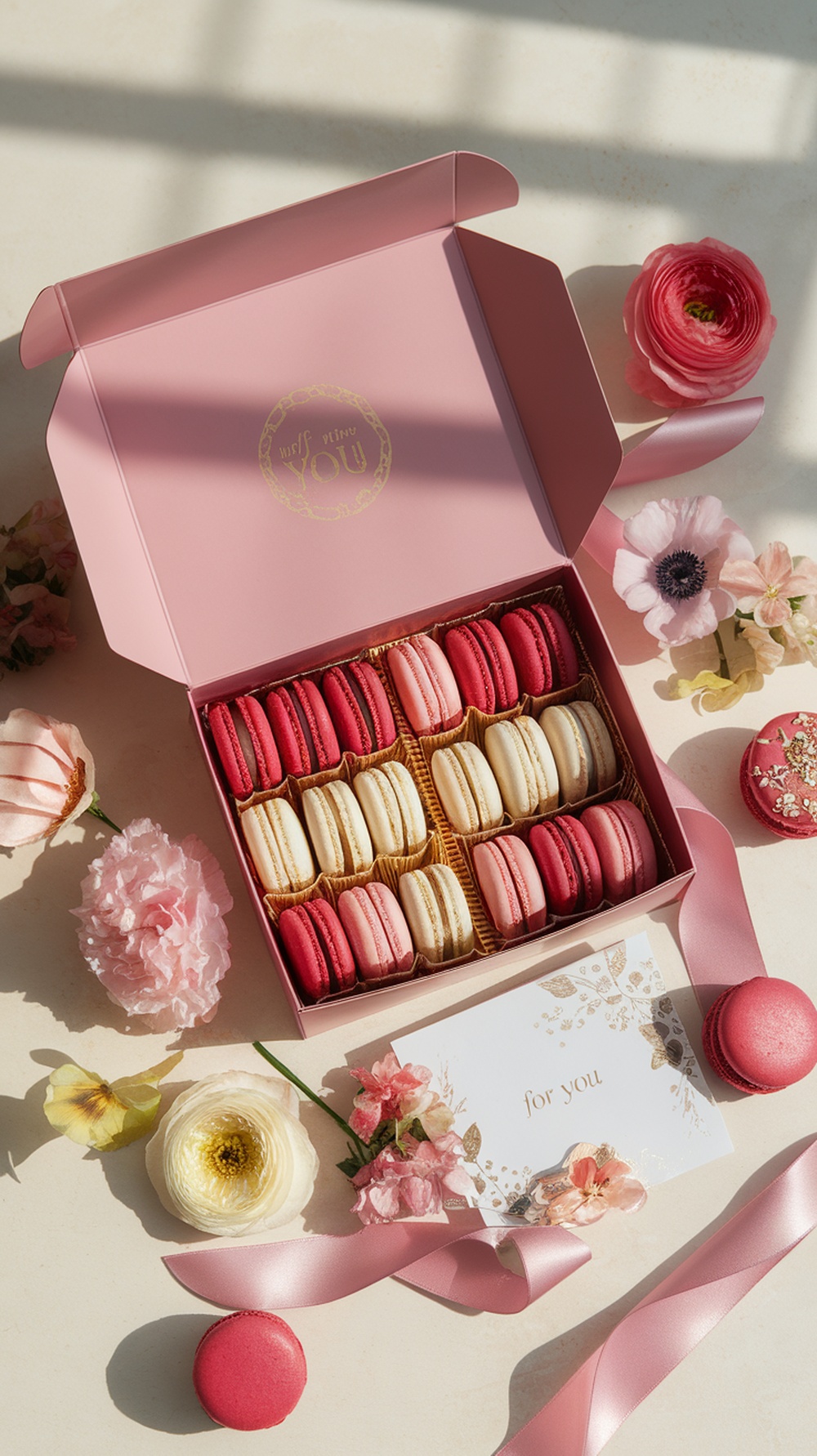 A pink box filled with macarons, surrounded by flowers and a card that says 'for you'.