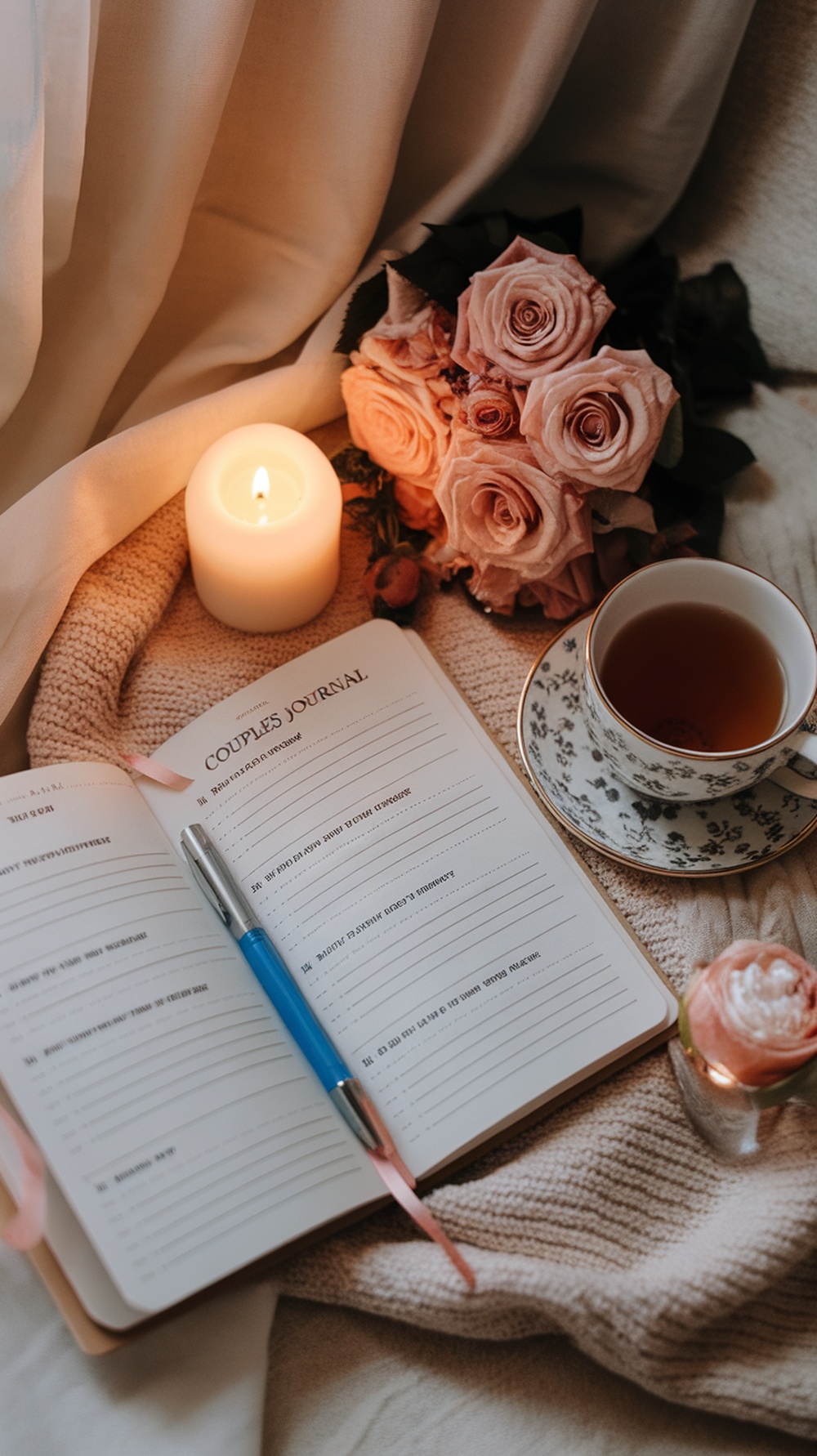 A cozy setup featuring a couples journal, a cup of tea, a candle, and pink roses.