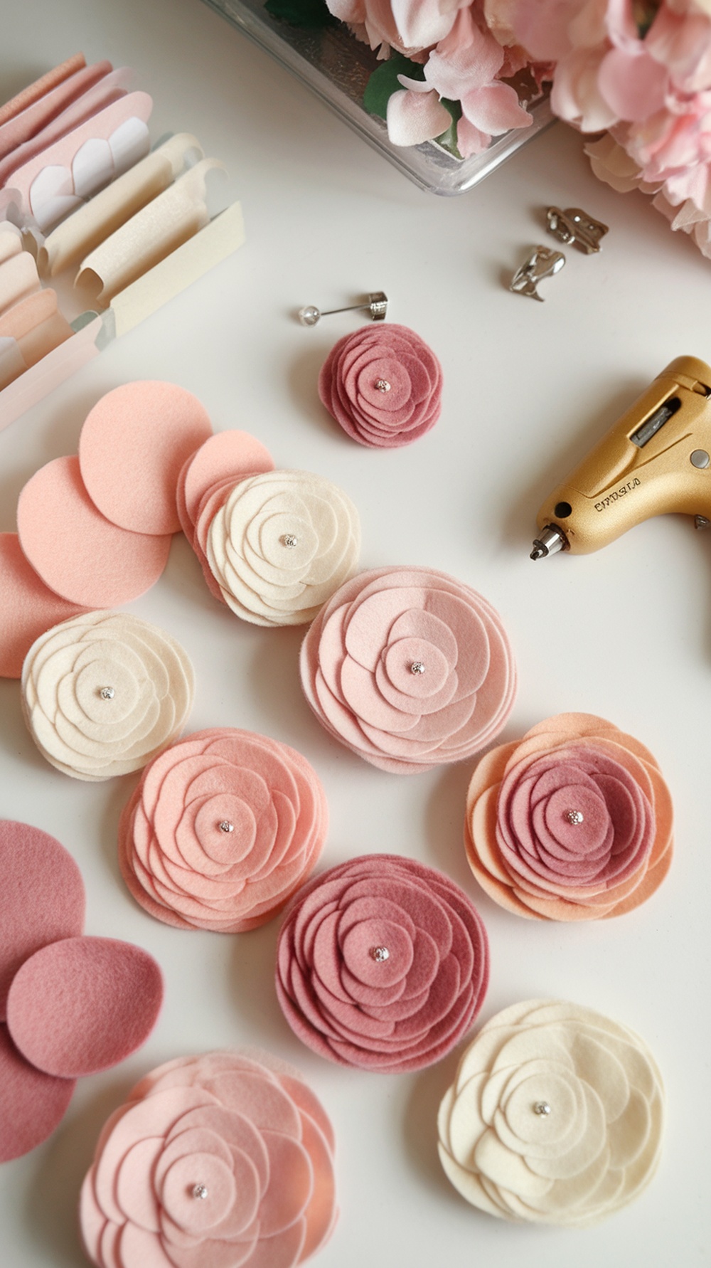 A craft table with felt flower pins, felt sheets, and a hot glue gun.