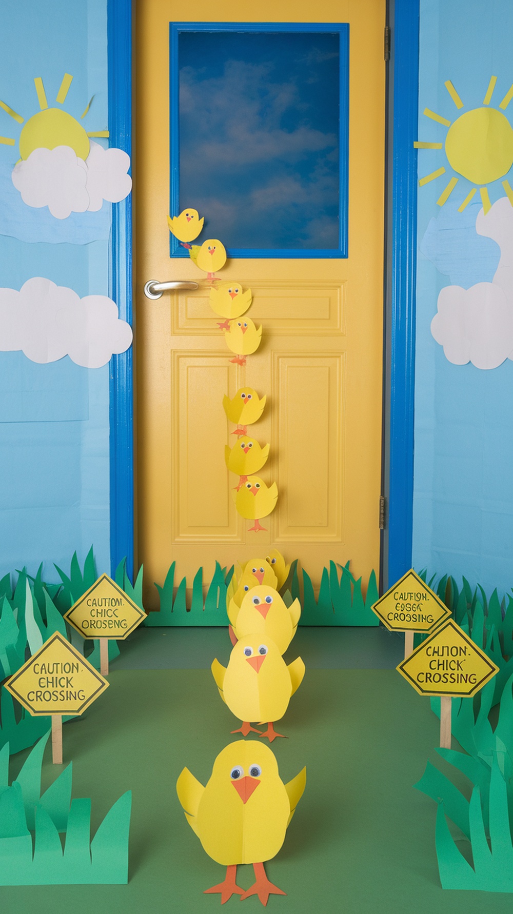 A classroom door decorated with yellow paper chicks crossing, caution signs, and a bright blue sky.
