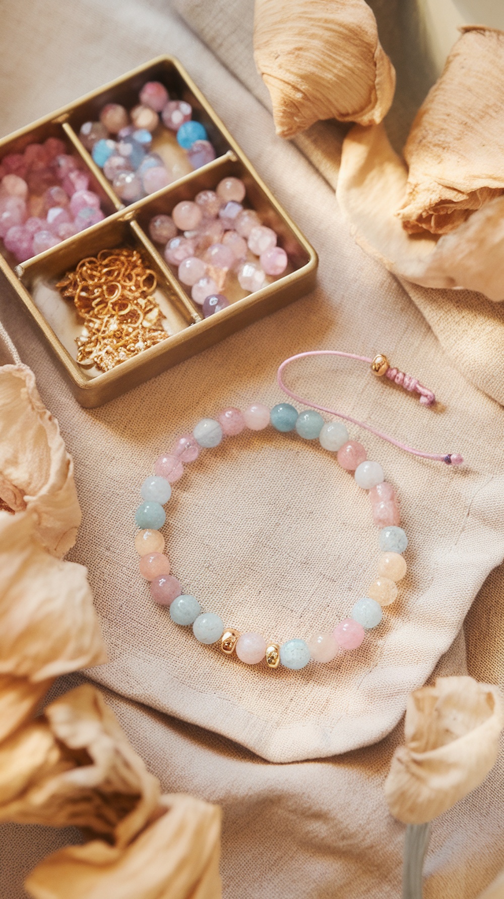 A colorful beaded bracelet made from pastel beads, with a box of additional beads and gold spacers nearby.