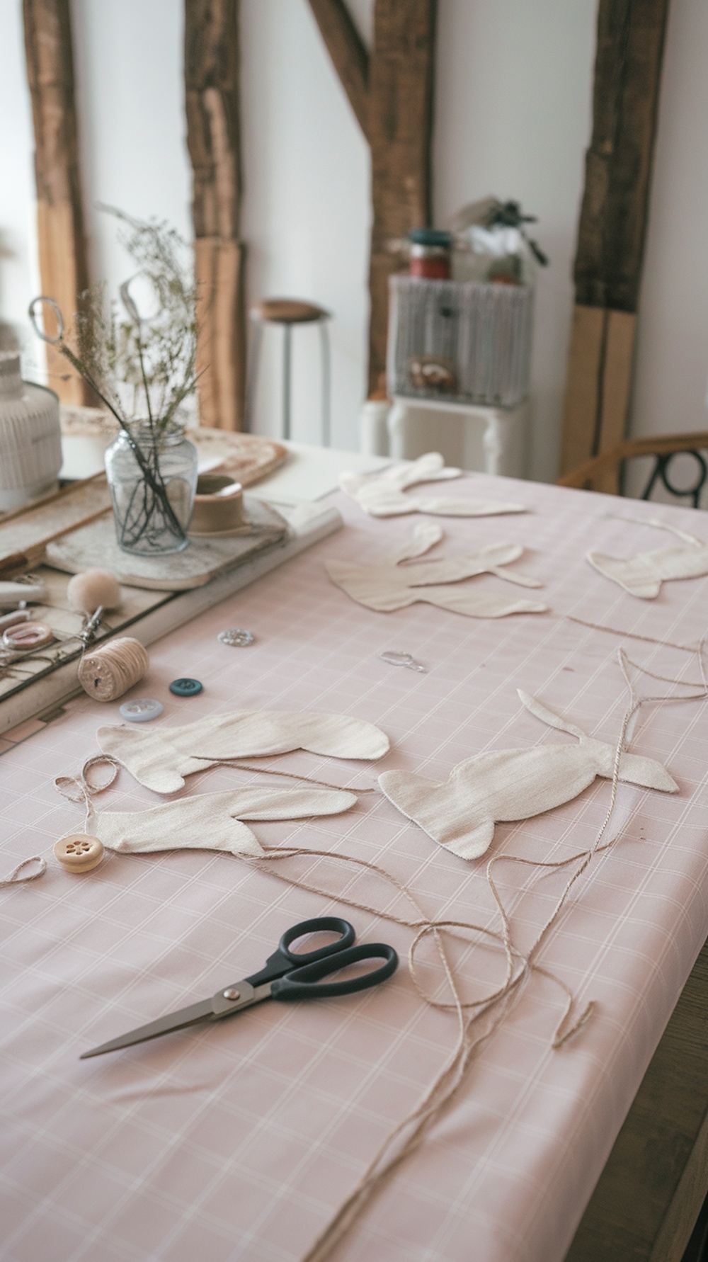 A crafting scene with fabric bunny shapes, scissors, buttons, and twine on a pink tablecloth.