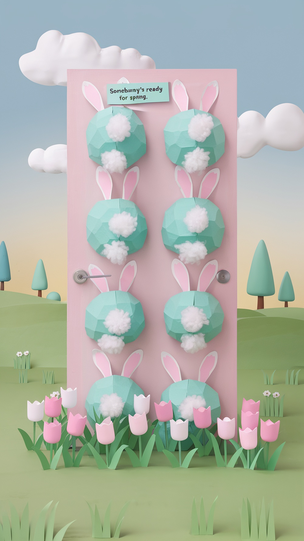 A classroom door decorated with bunny tails and tulips for Easter