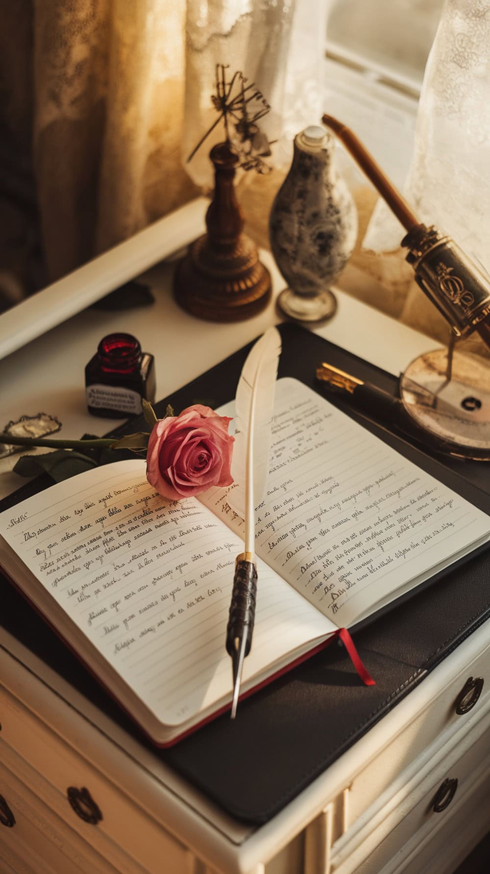 A cozy writing setup with a notebook, quill pen, rose, and warm lighting.