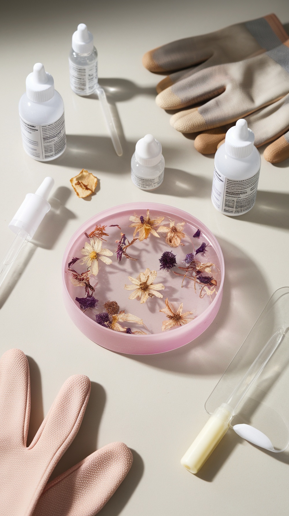 A setup for making a pressed flower resin tray, featuring a pink mold with flowers inside, bottles of resin, a dropper, and gloves.