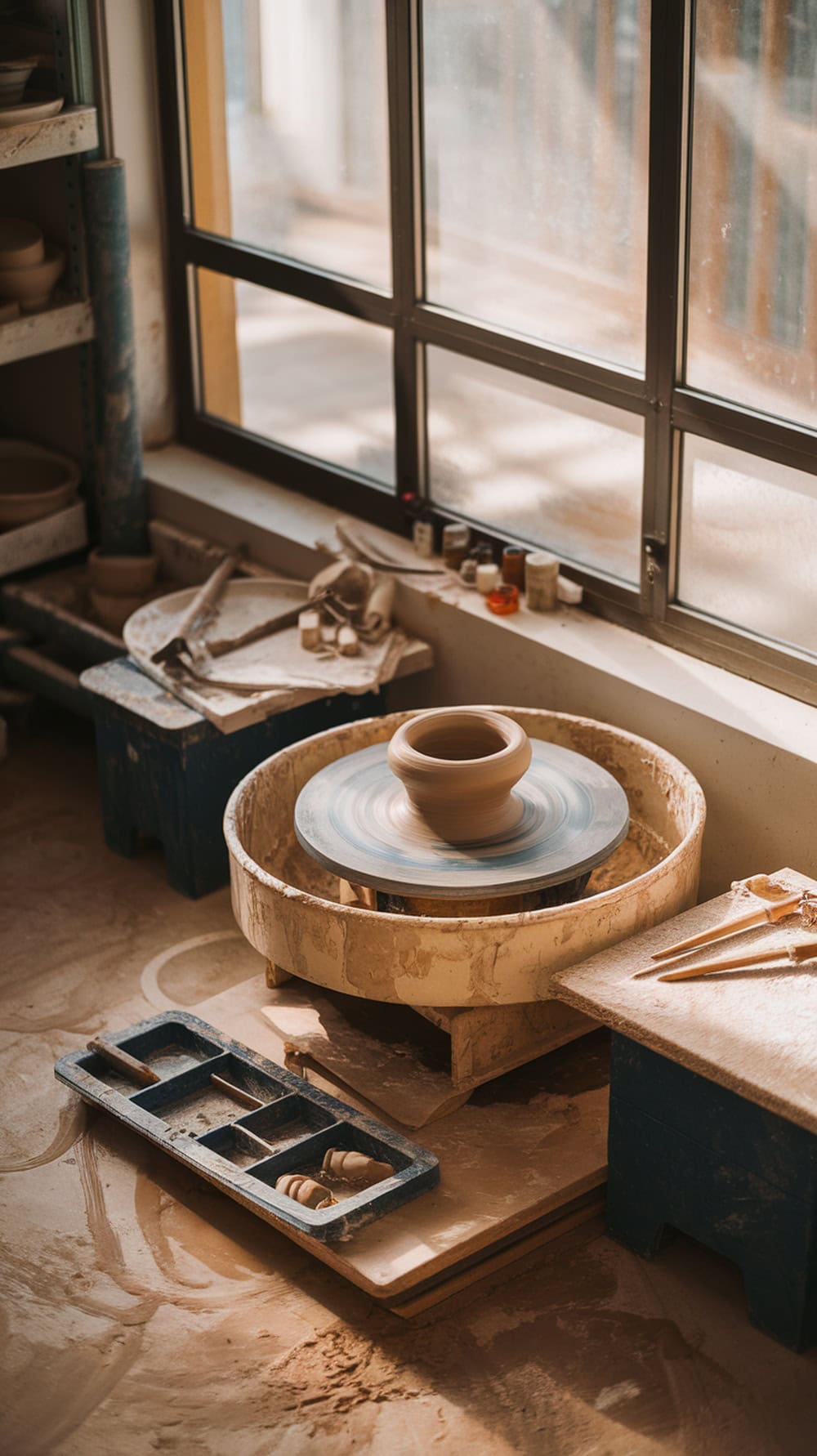 A pottery wheel with a freshly shaped bowl in a bright pottery studio.