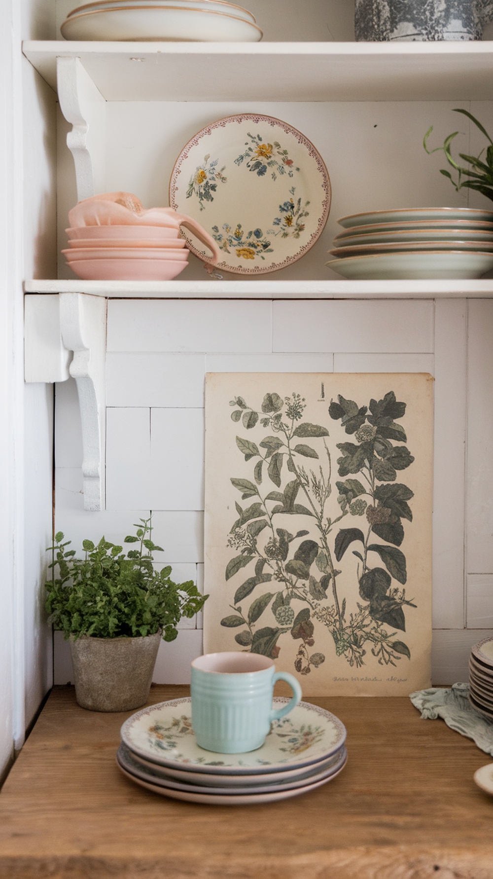 A kitchen shelf styled with pastel plates, a mint green cup, a potted plant, and a botanical print.