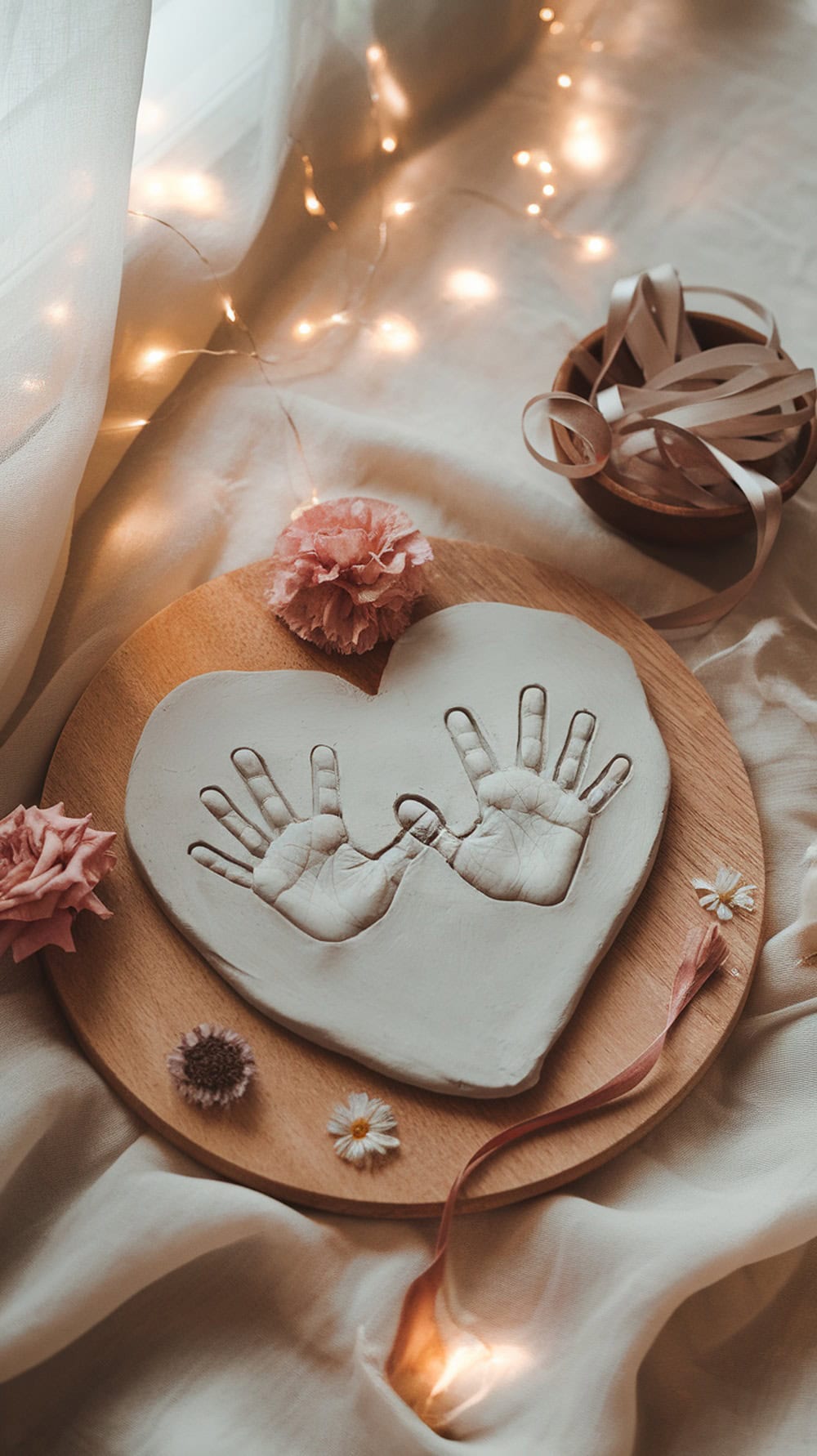 A heart-shaped clay keepsake with two handprints, surrounded by flowers and soft lighting.