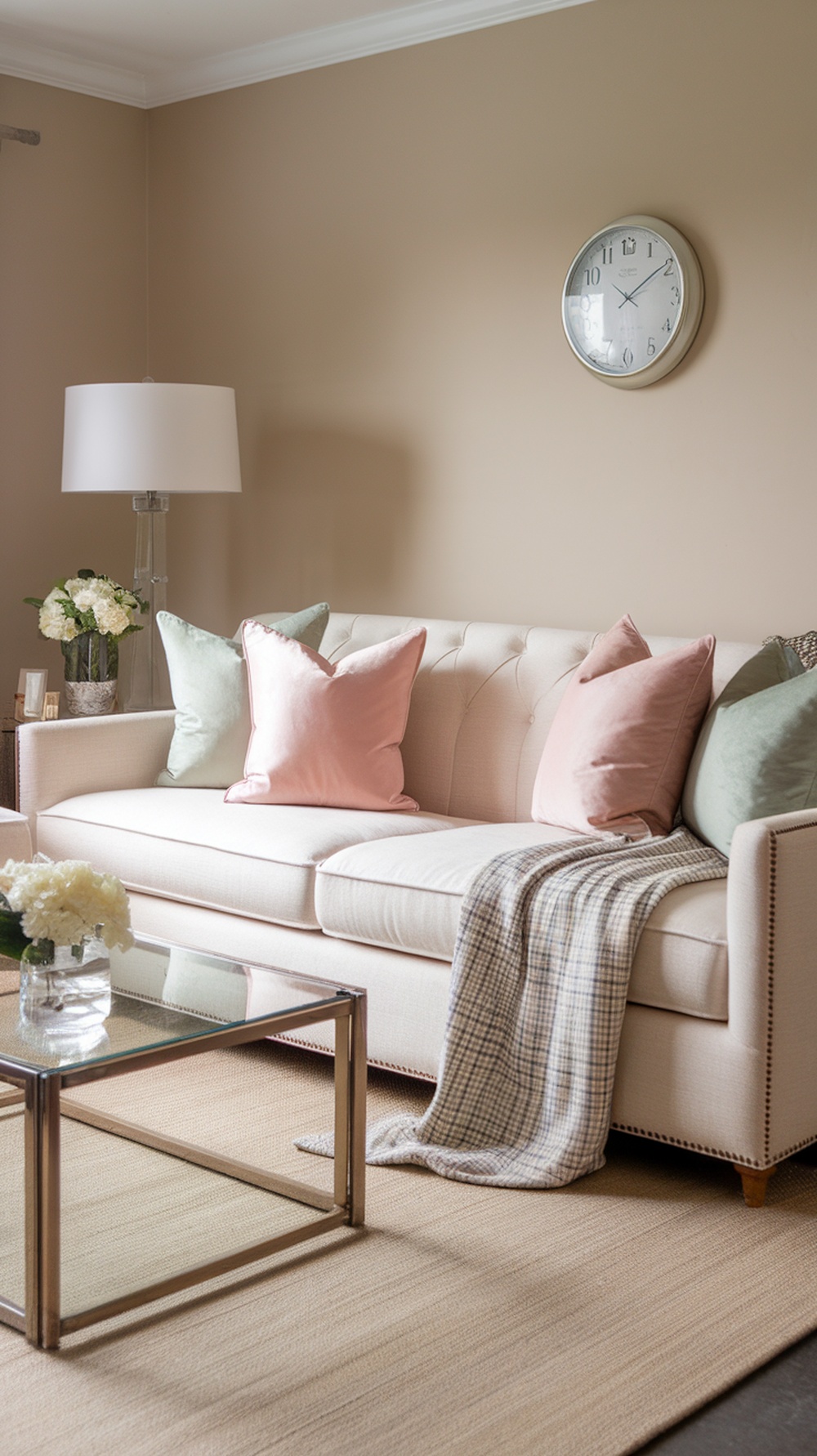 A beautifully styled blush pink sofa with decorative pillows and a cozy throw blanket.