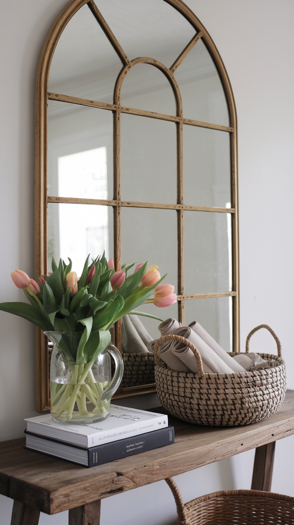 A spring console table vignette featuring a vase of tulips, stacked books, and a woven basket with napkins, complemented by a mirror.