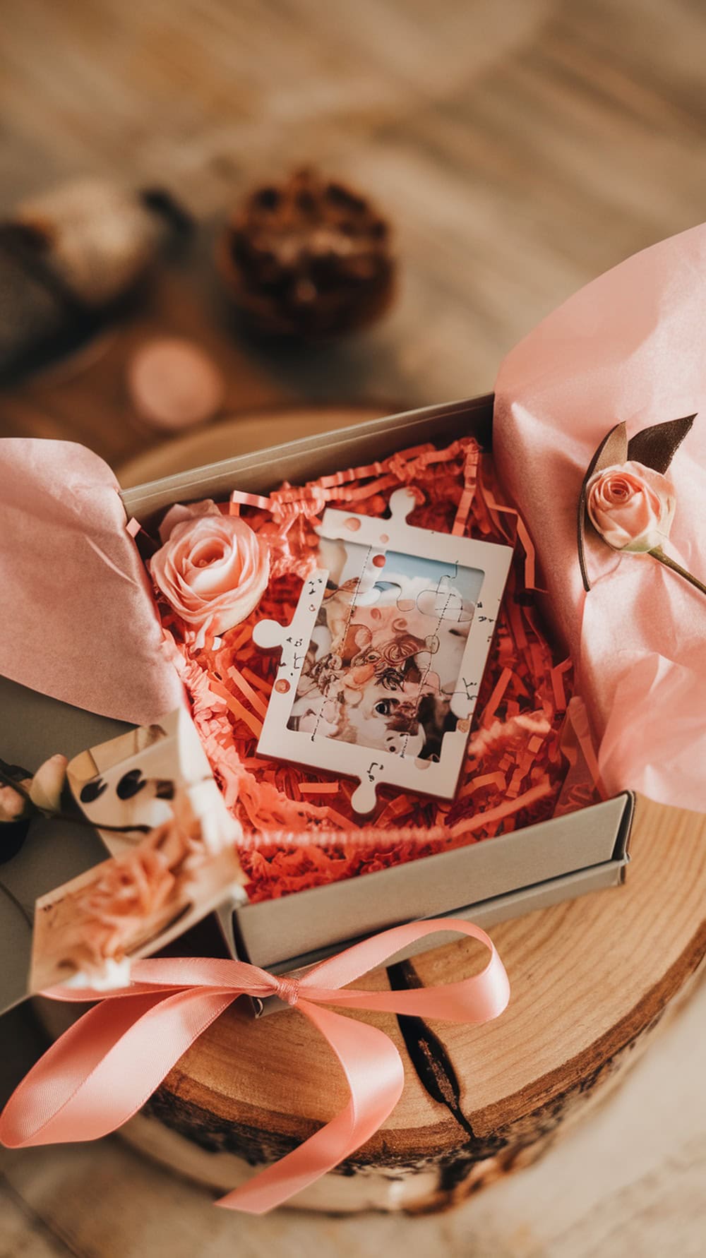 A Valentine’s Day gift box with a puzzle, pink roses, and decorative paper.