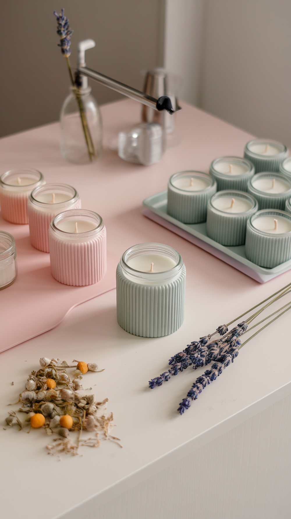 A candle-making station with pastel-colored candles, dried lavender, and other natural elements.