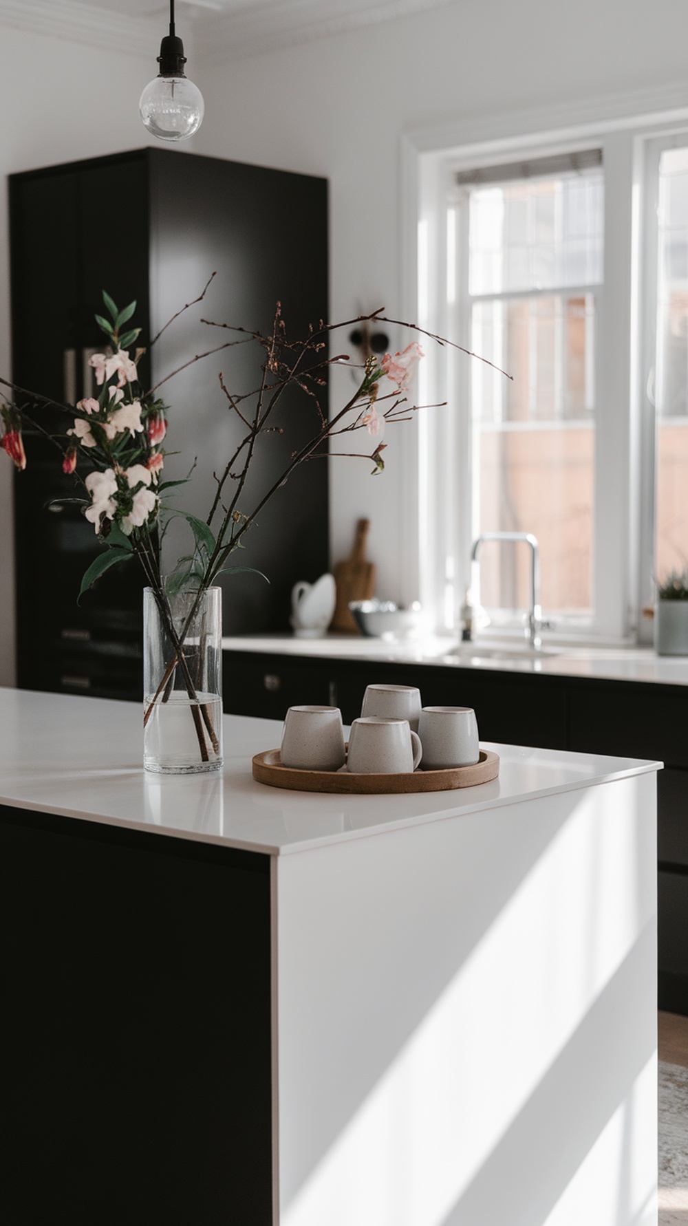 A modern black and white kitchen featuring a vase with spring flowers, minimalist mugs on a wooden tray, and bright natural light.