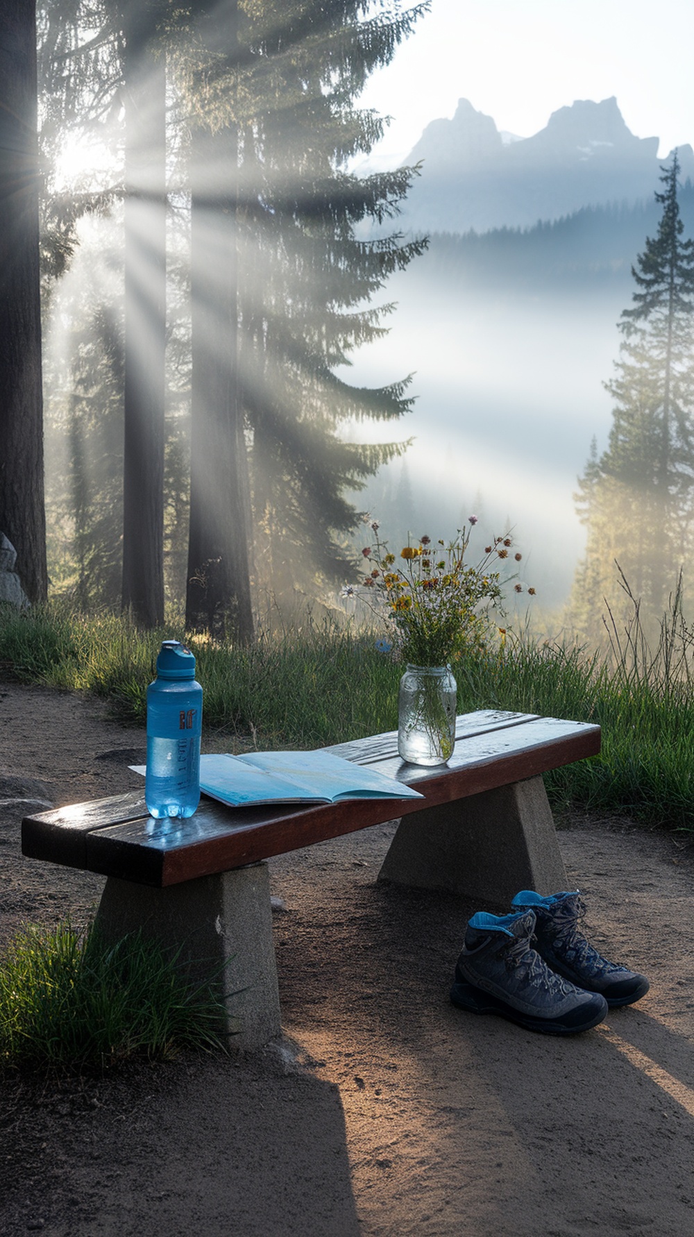 A peaceful trail rest stop featuring a bench, water bottle, map, and wildflowers, surrounded by trees and mountains.