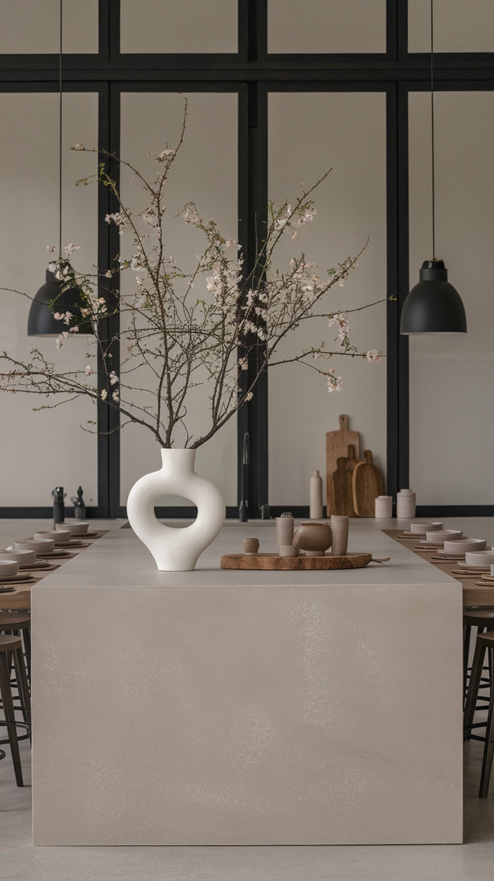 A modern kitchen island featuring a white vase with spring branches and various kitchen items.