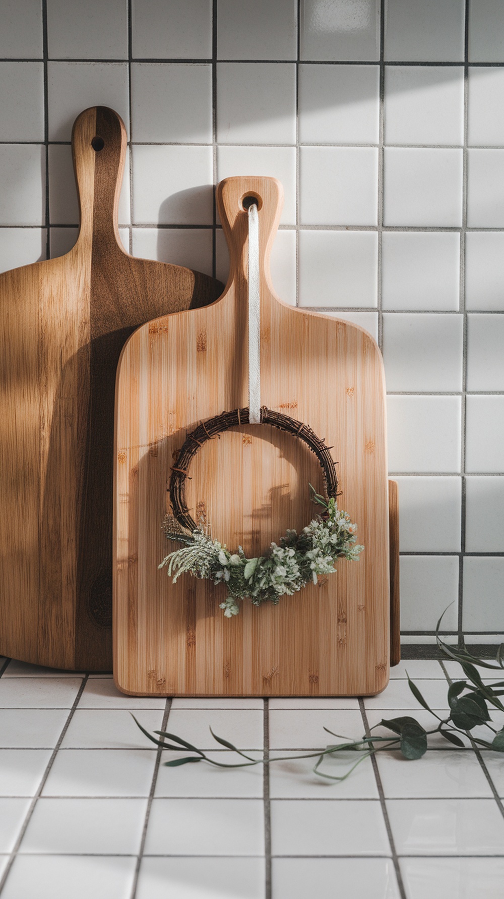 A display of wooden cutting boards with a small wreath of greenery on one board, set against a tiled background.