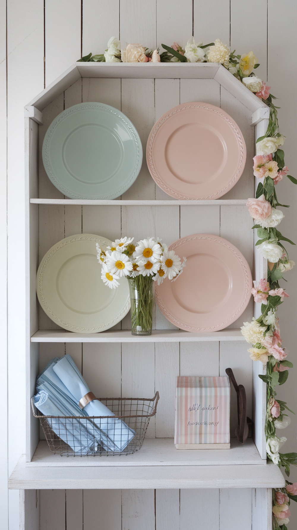 A spring-themed dining room shelf with pastel plates, fresh flowers, and neatly arranged napkins.
