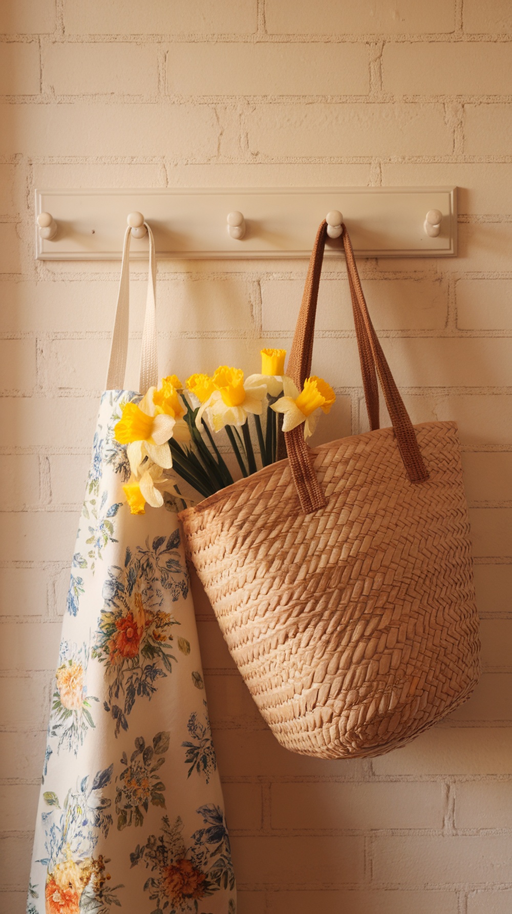 A floral apron hanging next to a woven basket filled with daffodils on a kitchen wall.