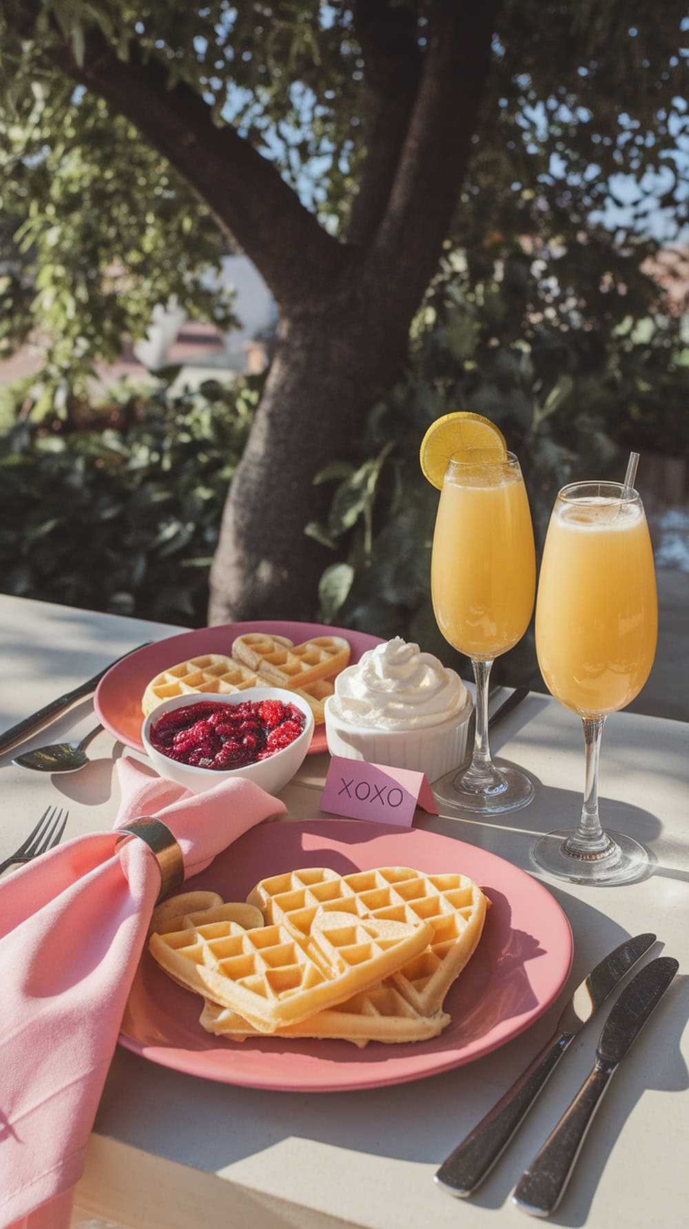 A romantic Valentine's Day brunch featuring heart-shaped waffles, fresh berries, whipped cream, and orange juice.