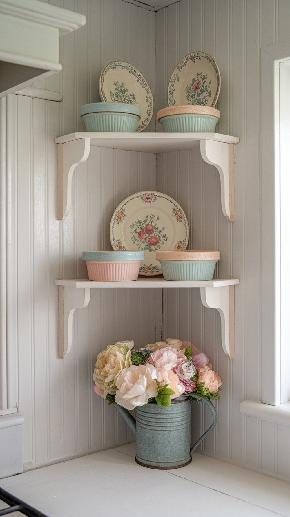 A cottage-inspired kitchen shelf with pastel bowls, floral plates, and a watering can filled with faux flowers.