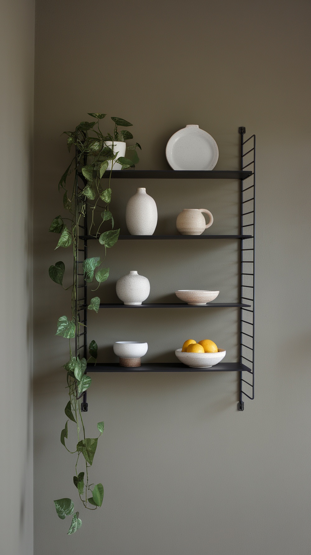 A modern shelf with black accents, featuring white and beige ceramics, a bowl of lemons, and a trailing green plant.