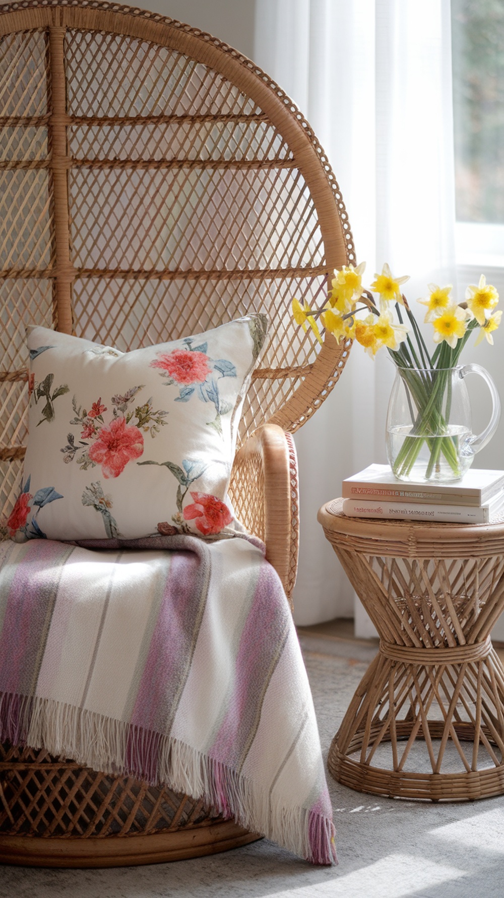 Cozy spring bedroom corner with a rattan chair, floral pillow, daffodils in a pitcher, and a soft throw blanket.