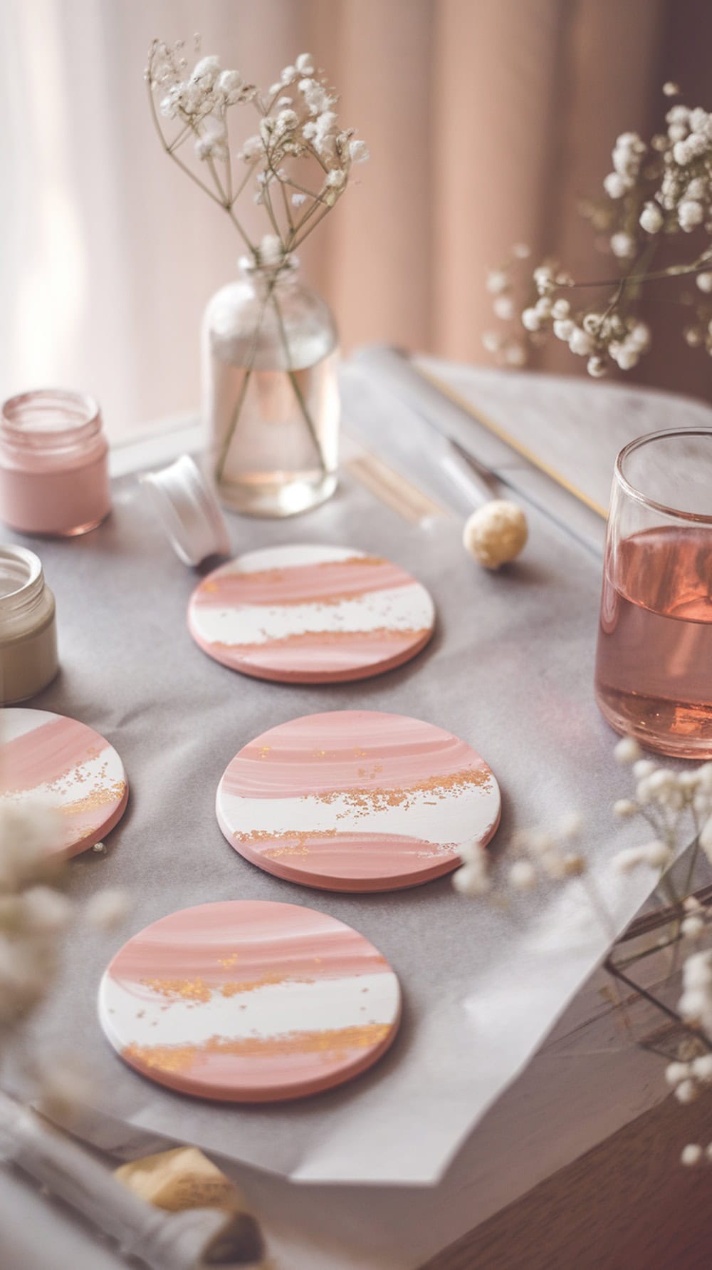 Air dry clay coasters painted in pink and white with gold accents, surrounded by paint jars and a glass of drink.