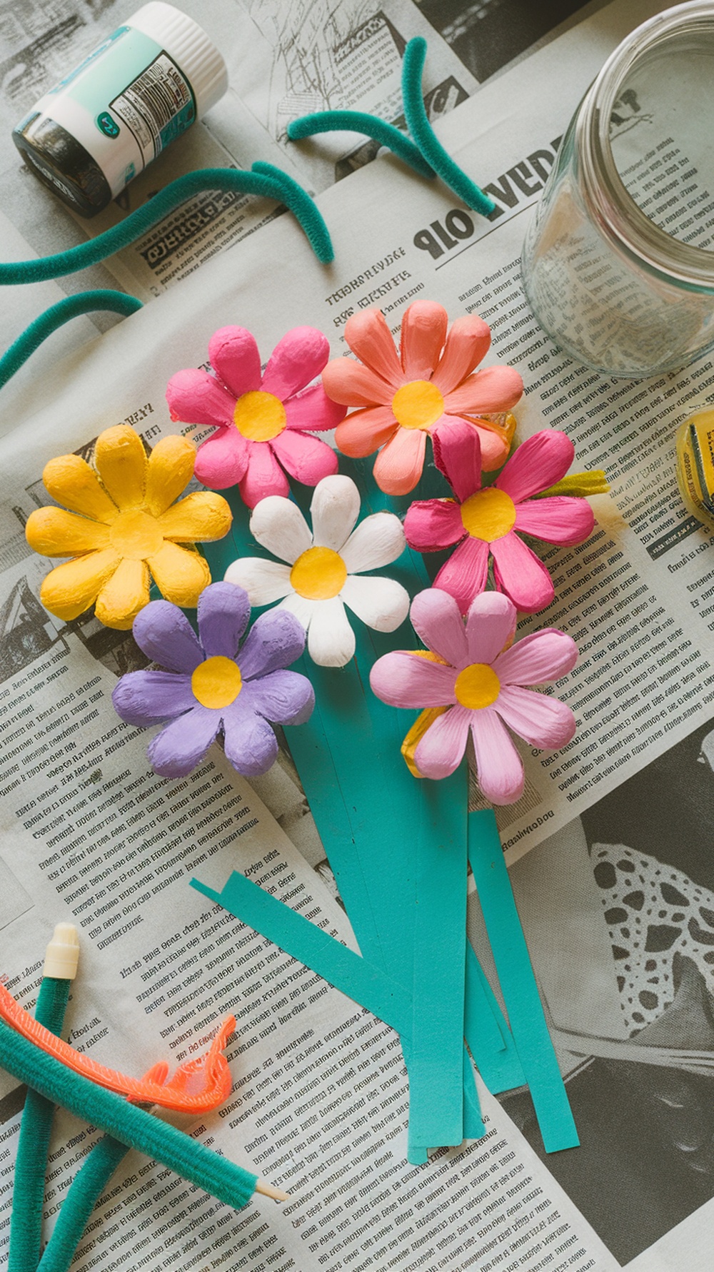 Colorful flowers made from egg carton pieces, with pipe cleaners and paint supplies on a newspaper background.