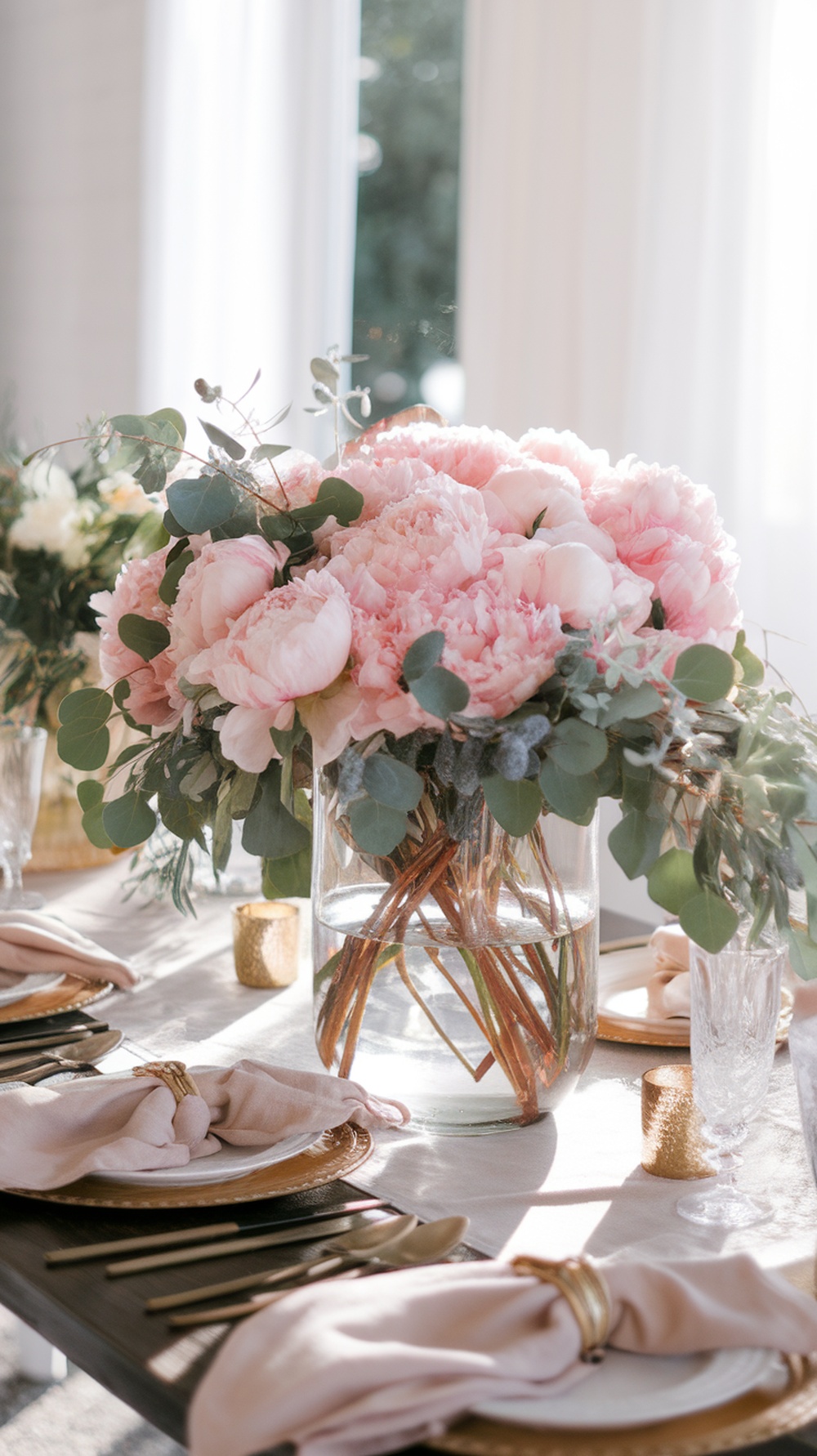 A beautifully arranged table featuring a large peony-filled centerpiece in a clear vase, surrounded by elegant table settings.