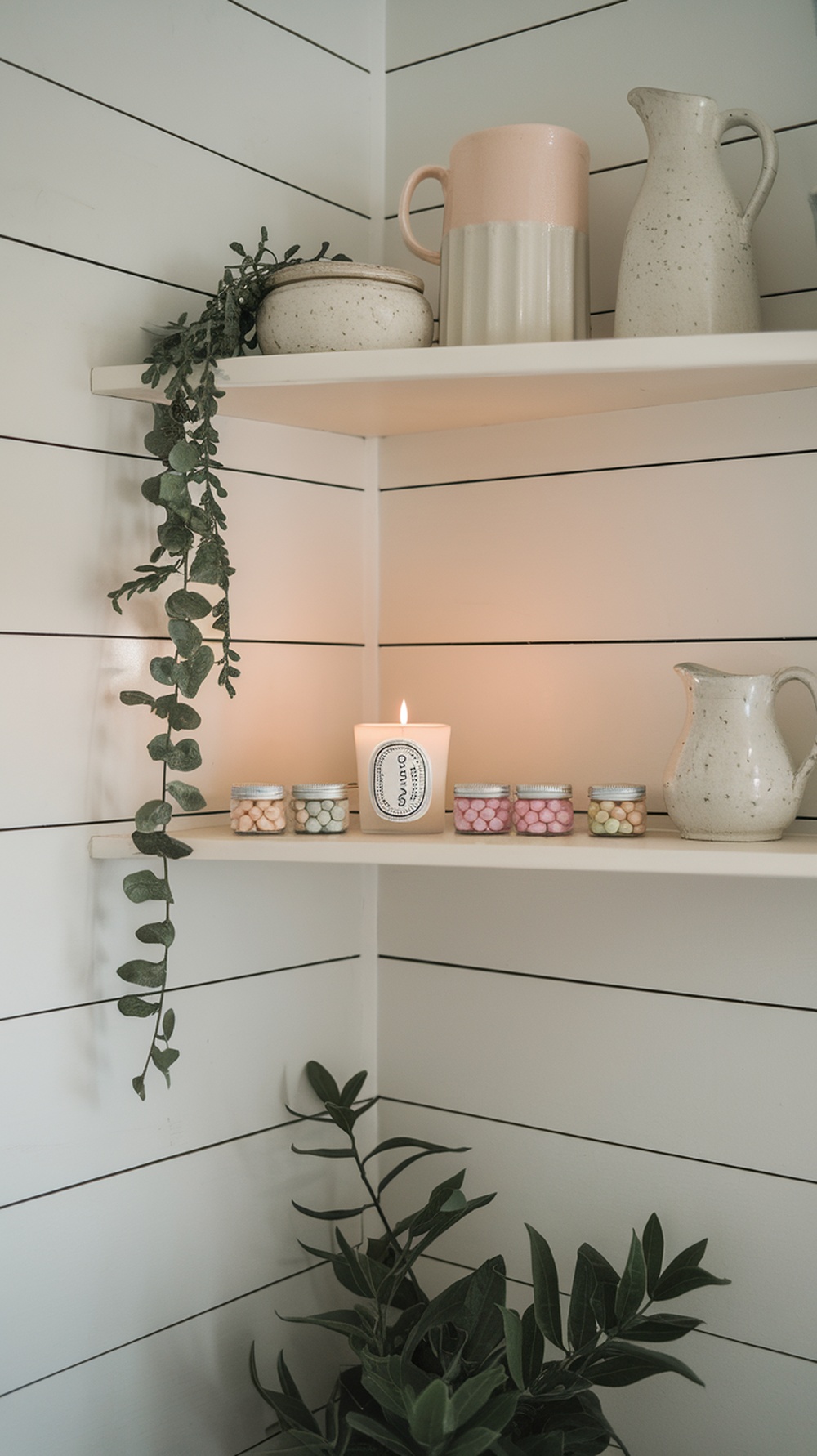 A cozy kitchen shelf styled with ceramic mugs, a pitcher, a bowl, a candle, and greenery.
