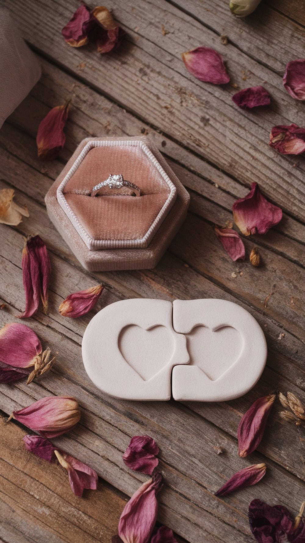 Two clay puzzle pieces shaped like hearts, surrounded by dried rose petals on a wooden surface.
