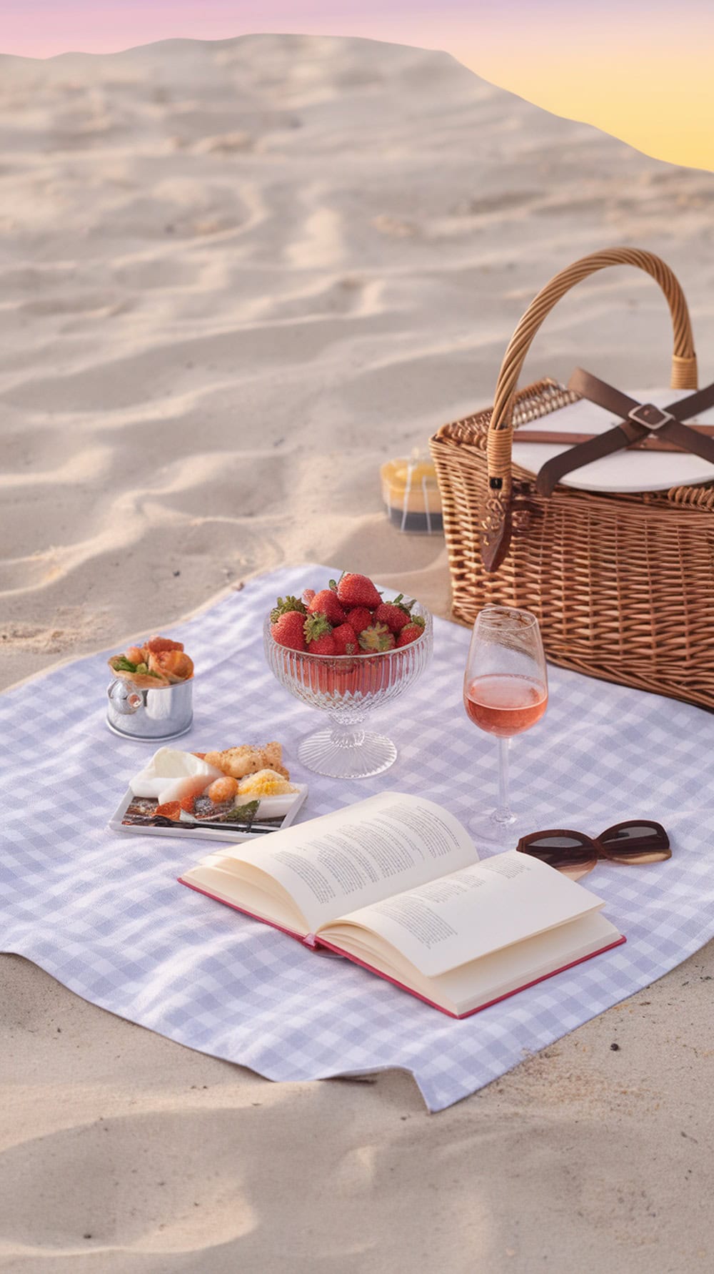 A picnic setup on the beach with strawberries, a glass of rosé, a book, and a picnic basket.